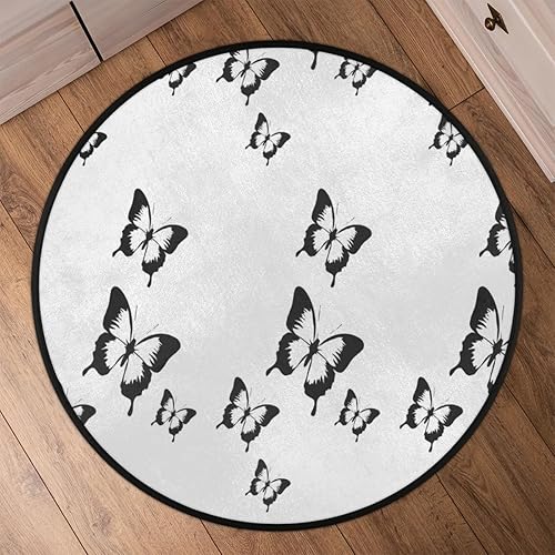 Miniatura 6 de Alfombra redonda de 3 pies con diseño de mariposa blanca y negra, lavable, antideslizante, alfombra circular para sala de estar, dormitorio,