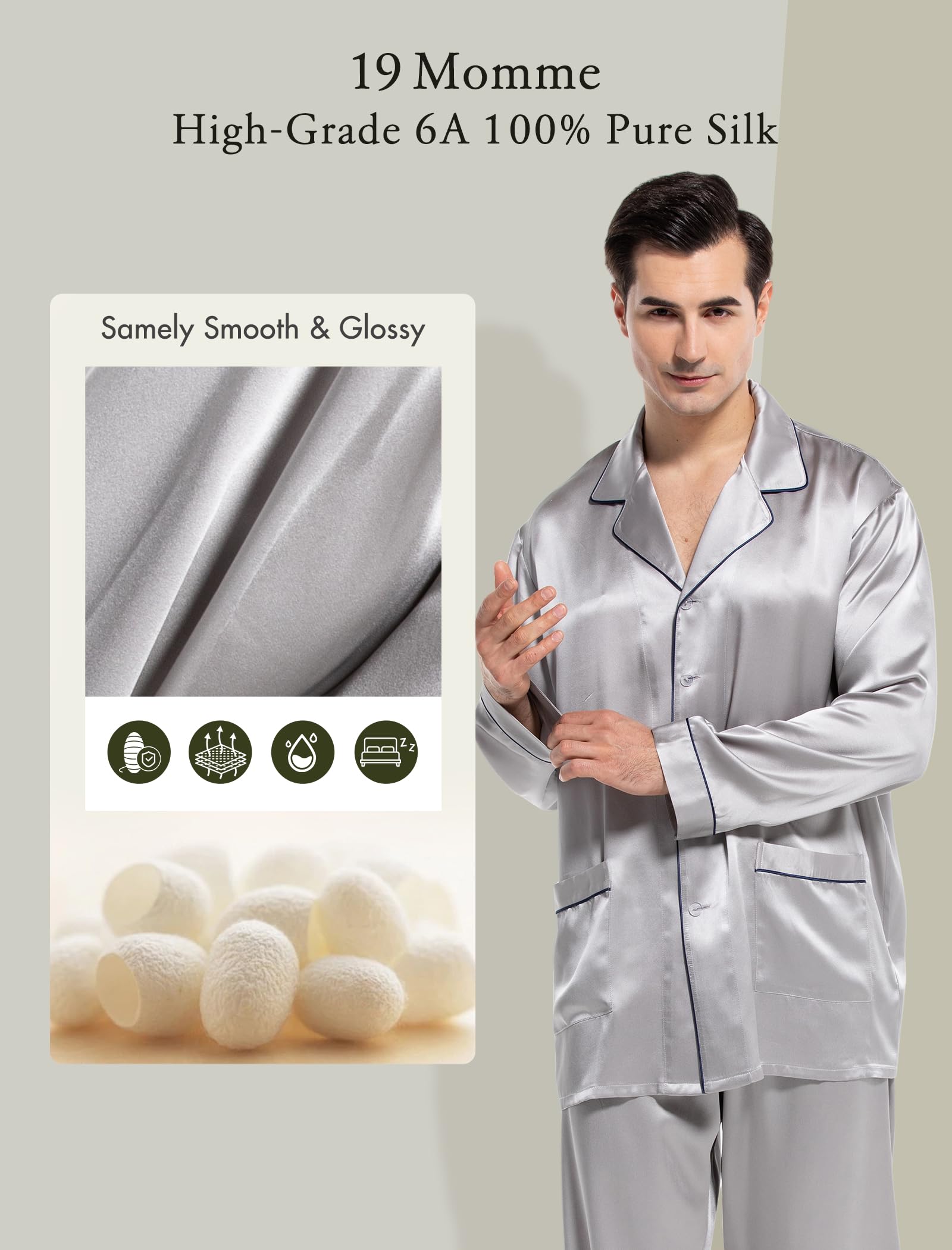 COLD POSH Herren Seide Schlafanzug Pyjama Homewear 19 Momme Nachtw?sche mit Langen ?rmel Loungewear