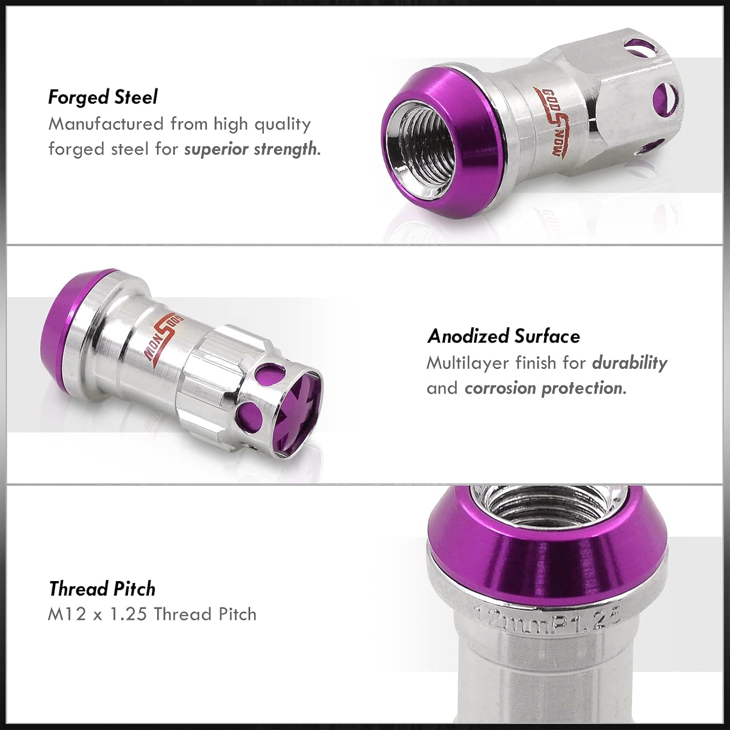 AJP Distributors 20 Piece Universal M12x1.25 Open or Closed End Steel Lug Nuts, 20pc M12 x 1.25MM Lug Nut Set + Locking Adapter Key Socket Wheels Rims JDM VIP Kit Chrome Body Purple Cap