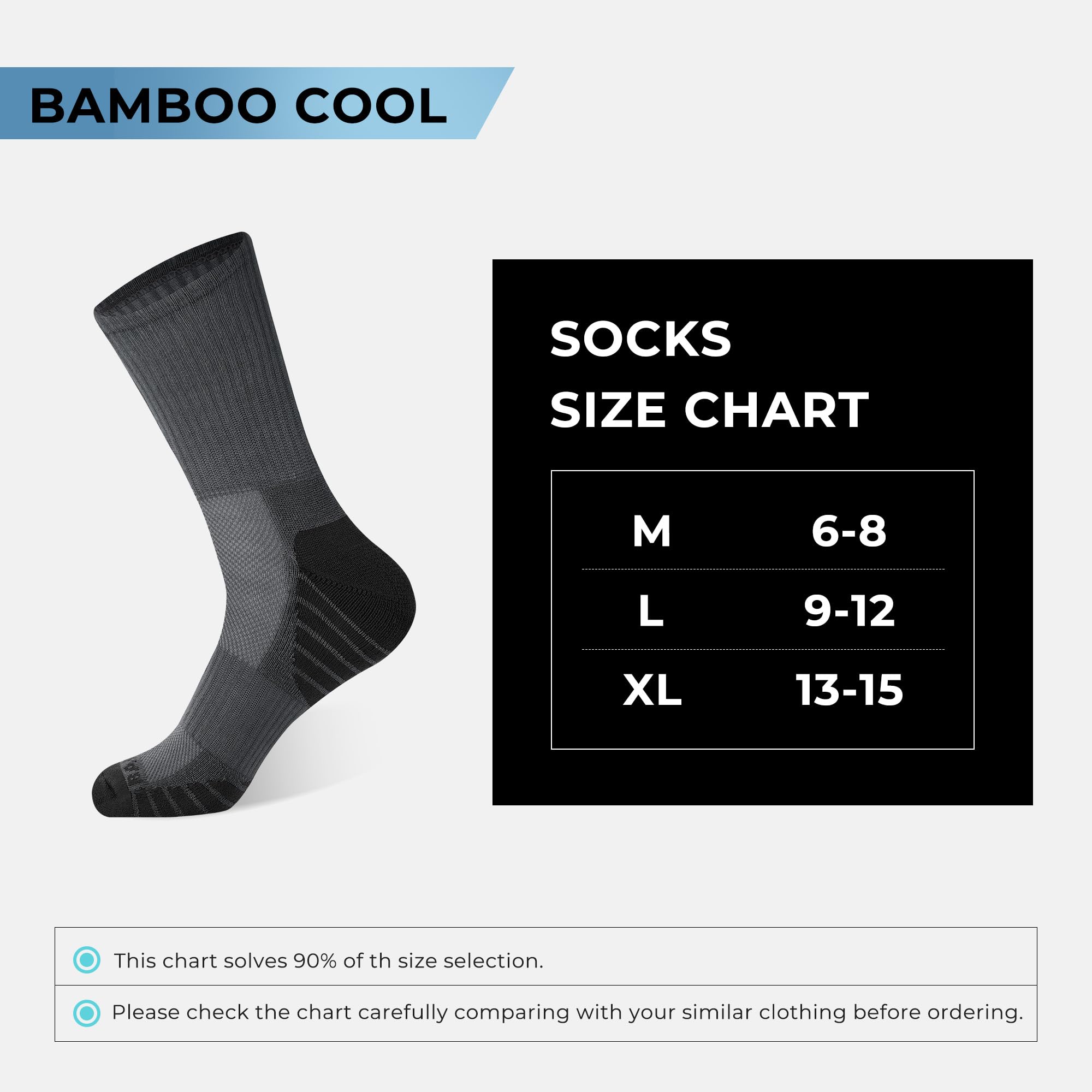 BAMBOO COOL Men's Crew Socks Athletic Running Sports Socks, Cushioned Moisture Wicking, Breathable Arch Support 6 Pack: Dark Grey*3,white*3 X-Large