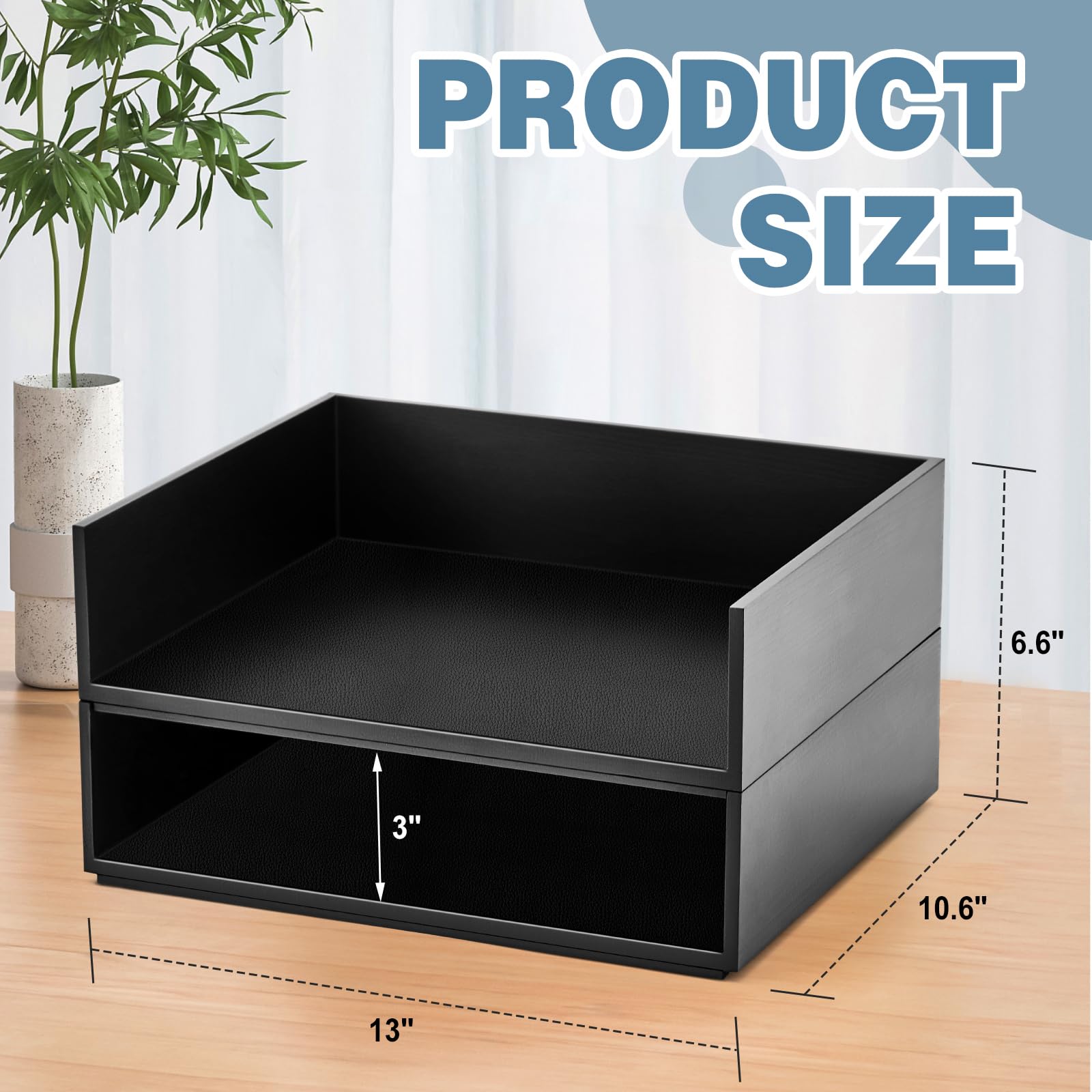 Yeaqee 2 bandejas apilables de madera para cartas de 13 x 10.6 pulgadas, bandeja de escritorio de lujo con superficie de cuero, bandeja de entrada de papel negro pesado, organizador de correo para