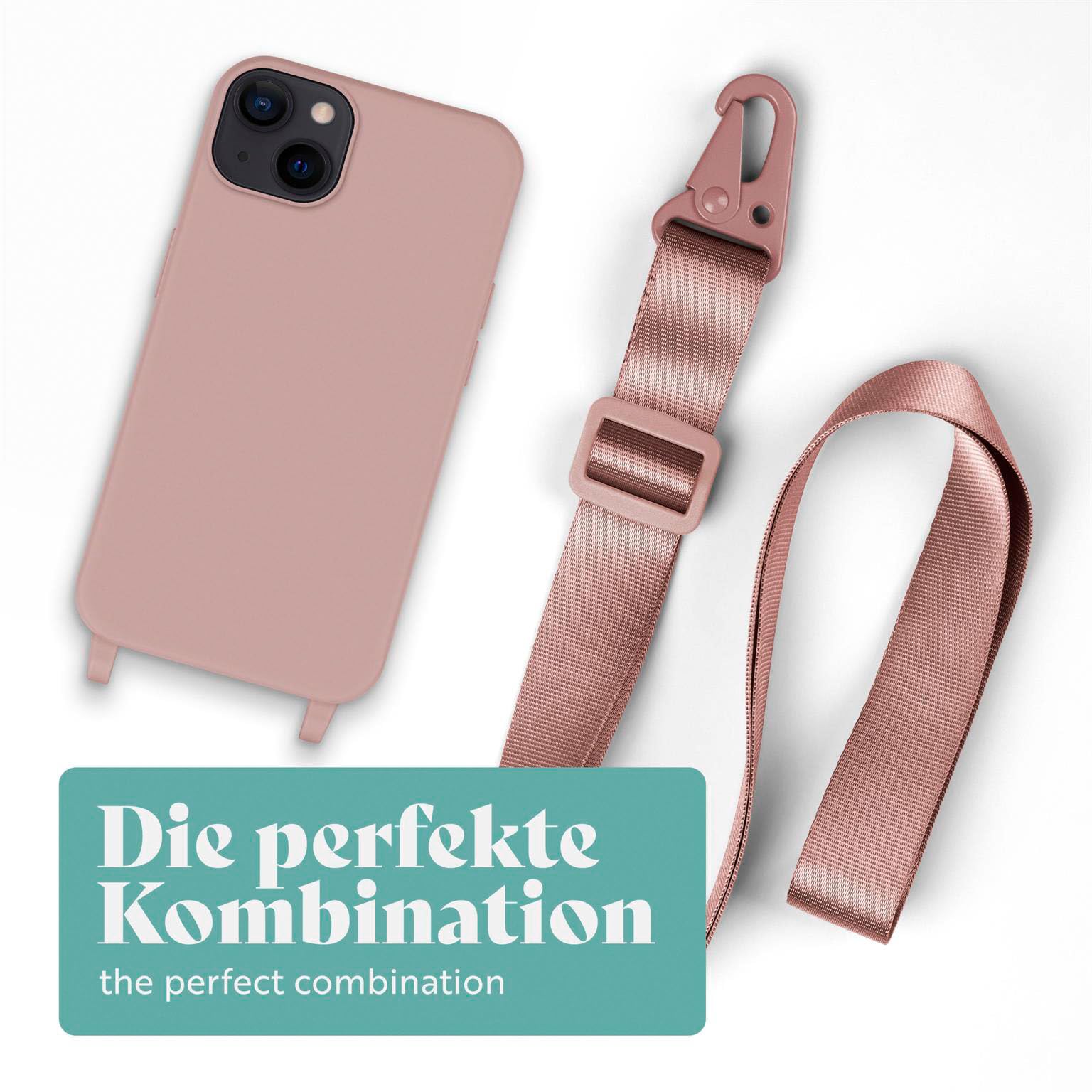 moex Hover Cover do iPhone 14 łańcuszek na telefon komórkowy z szerokim paskiem, etui z paskiem do zawieszenia, zdejmowany nylonowy łańcuszek z karabińczykiem, stylowy i bardzo wytrzymały – brudny róż