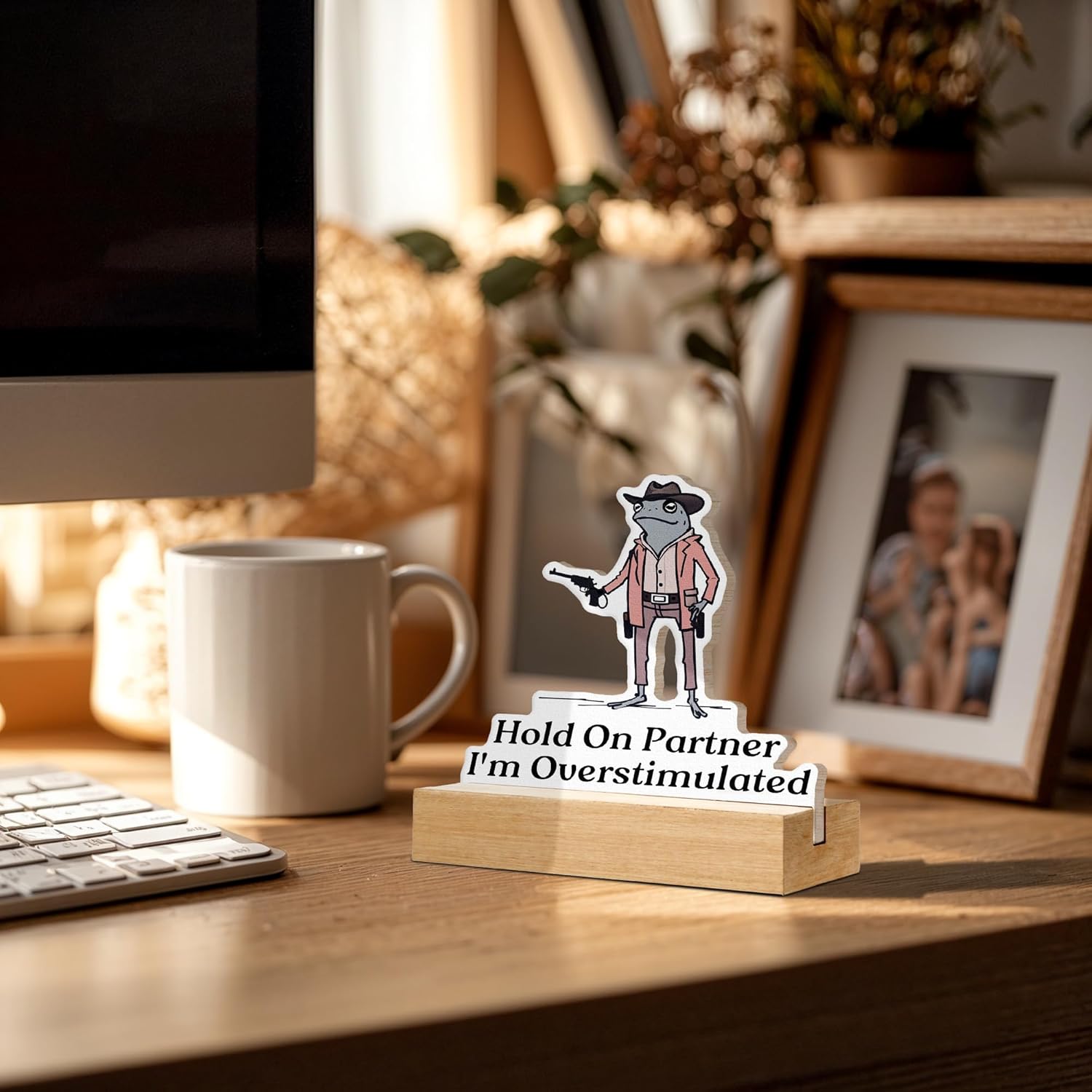 Funny Office Decor Sign, Hold on Partner I'm Overstimulated Sign Decor,Office Gifts For Women Coworkers,Cowboy Frog Wooden Plaque with Stand for Home Desk - Image 5