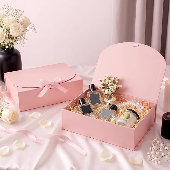 12 Pack Gift Boxes with Lids, Kraft Paper Gift Boxes with Ribbon Greeting Cards Envelopes for Wedding Birthday Christmas Party Present Packaging (pink)