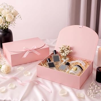 12 Pack Gift Boxes with Lids, Kraft Paper Gift Boxes with Ribbon Greeting Cards Envelopes for Wedding Birthday Christmas Party Present Packaging (pink)