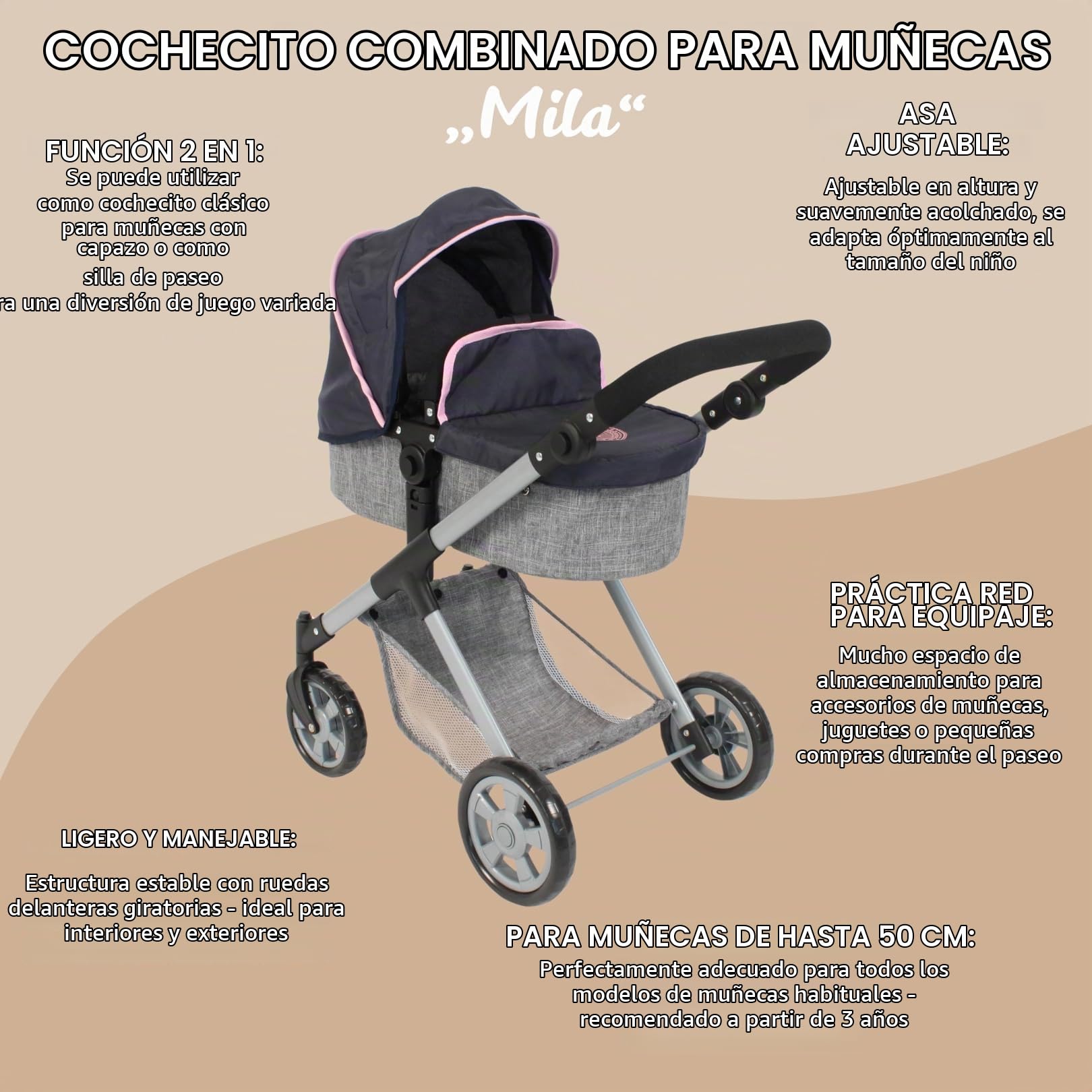 Bayer Chic 2000 Cochecito de Muñecas 2en1 Mila | Capazo y Silla Reversible