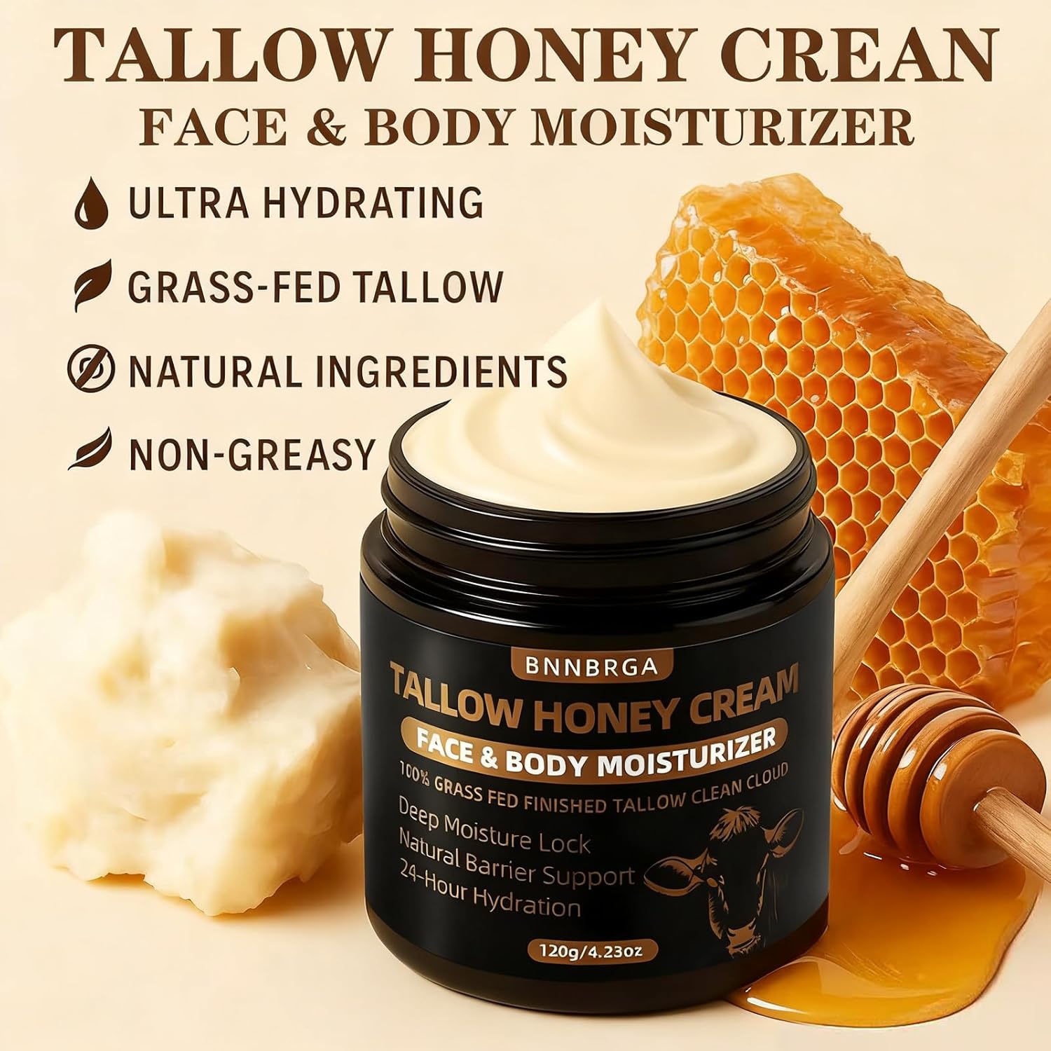 Organic Grass-Fed Beef Tallow for Skin – Moisturizing Cream with Raw Honey, Handmade All-Natural, for Soft Smooth Skin (4 Oz, Milk Scent) - Image 2