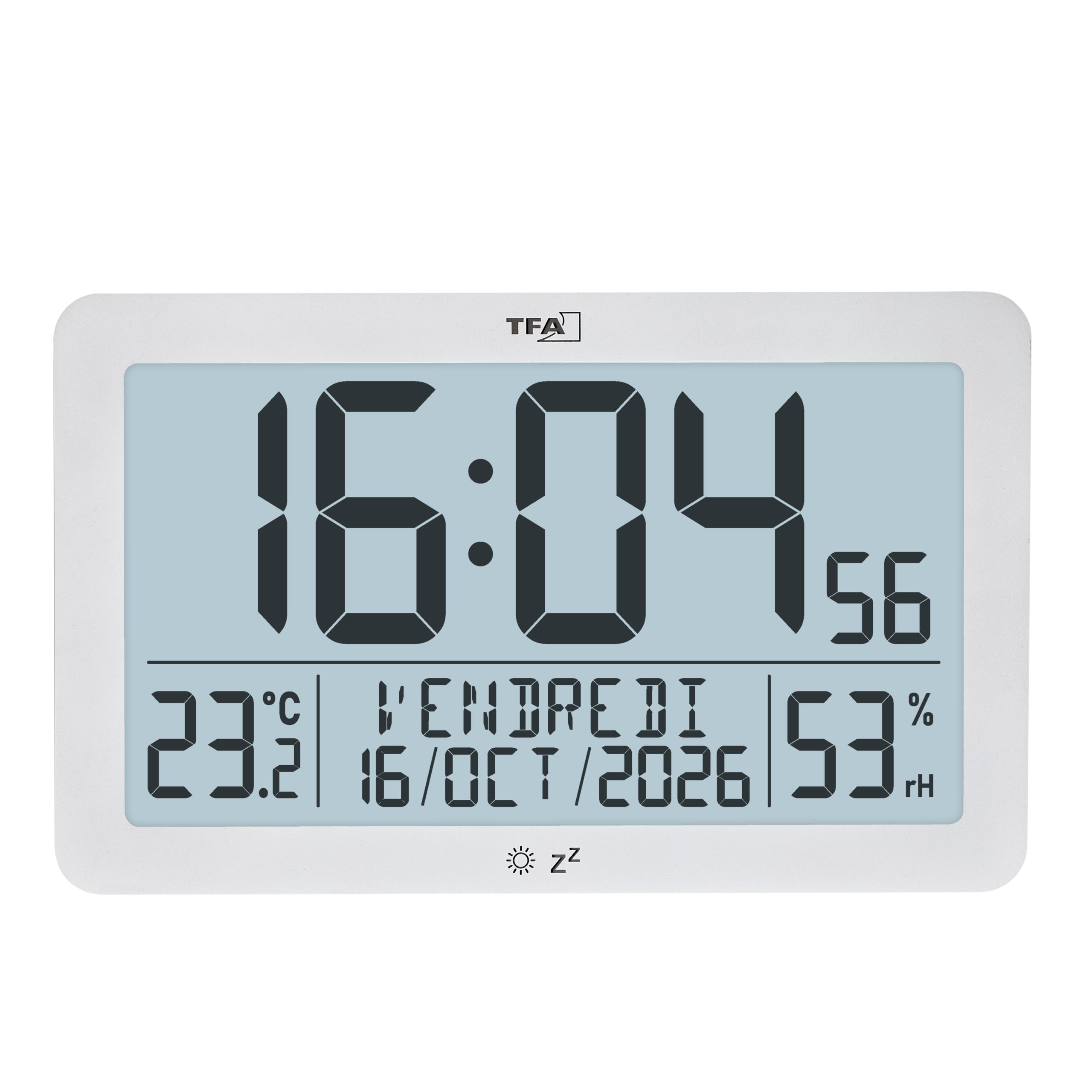 TFA Dostmann Horloge Murale Moderne, numérique radiocommandée, température ambiante, humidité, 60.2568.02, Grand Format, Affichage du Jour, de la Semaine et de la Date, Fonction réveil, Blanc