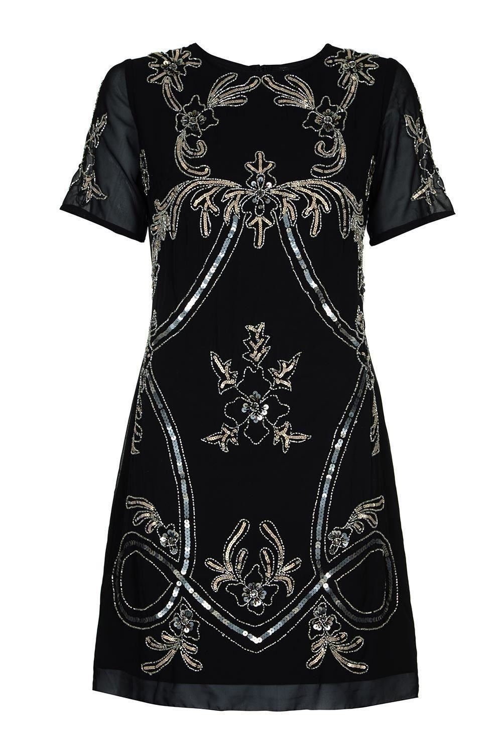 Love Camden Womens 1920's Flapper Gatsby Charleston Black Embellished Sequin Beaded Short Sleeve Chiffon Dress