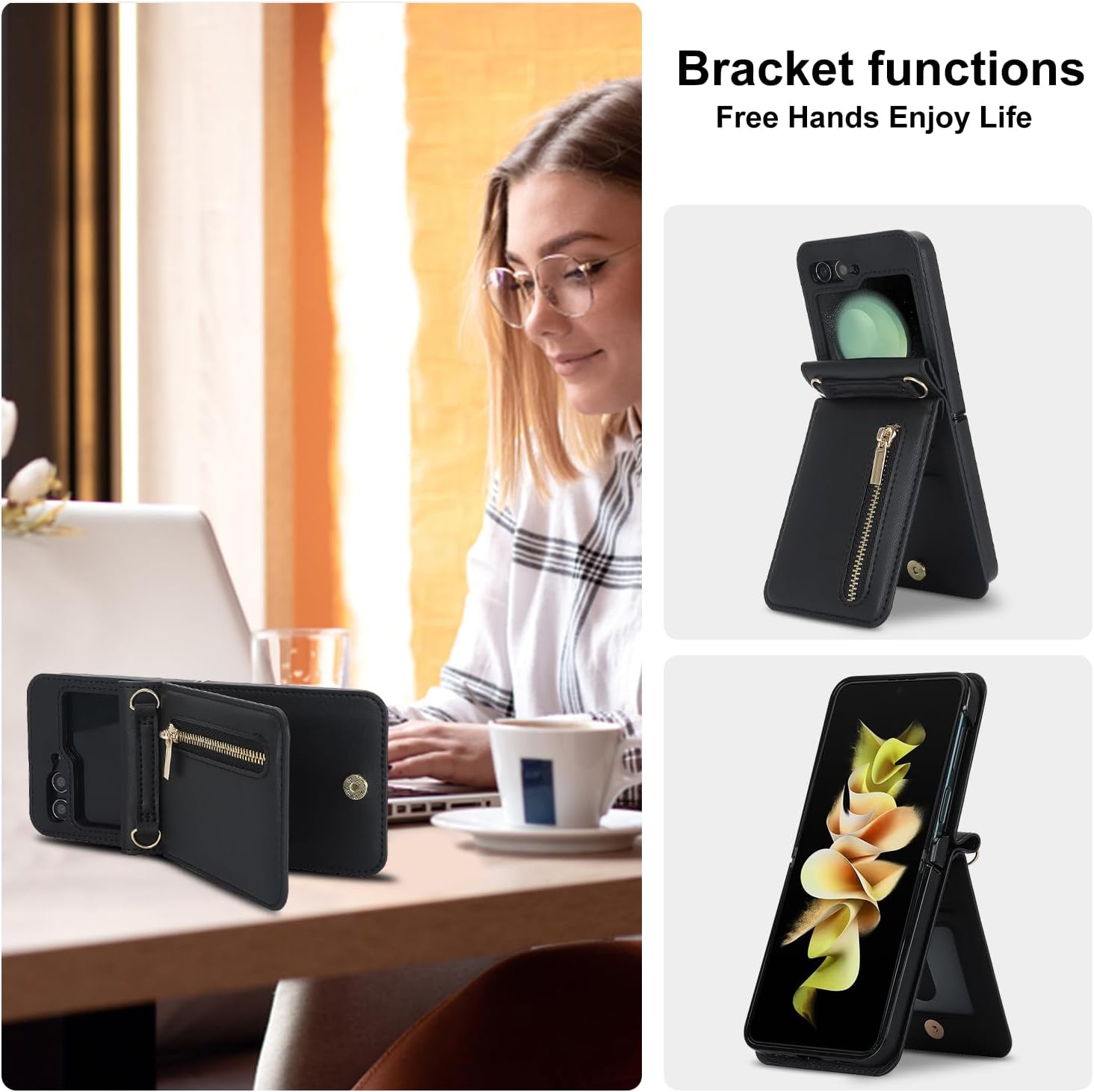 for Samsung Galaxy Z Flip 5 Luxury Zipper Wallet Phone Case, Multi-Function Kickstand Card Holder Adjustable Crossbody Strap, Fashion Flip Case.(Black)