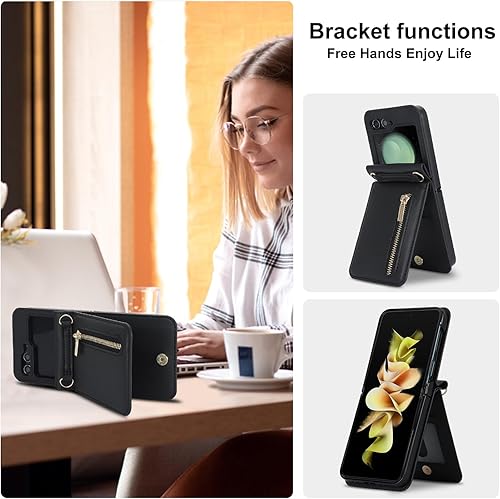 Miniatura 5 de Funda de teléfono con cremallera para Samsung Galaxy Z Flip 5 5G, funda con tarjetero, función atril, funda tipo cartera con bolsillo con