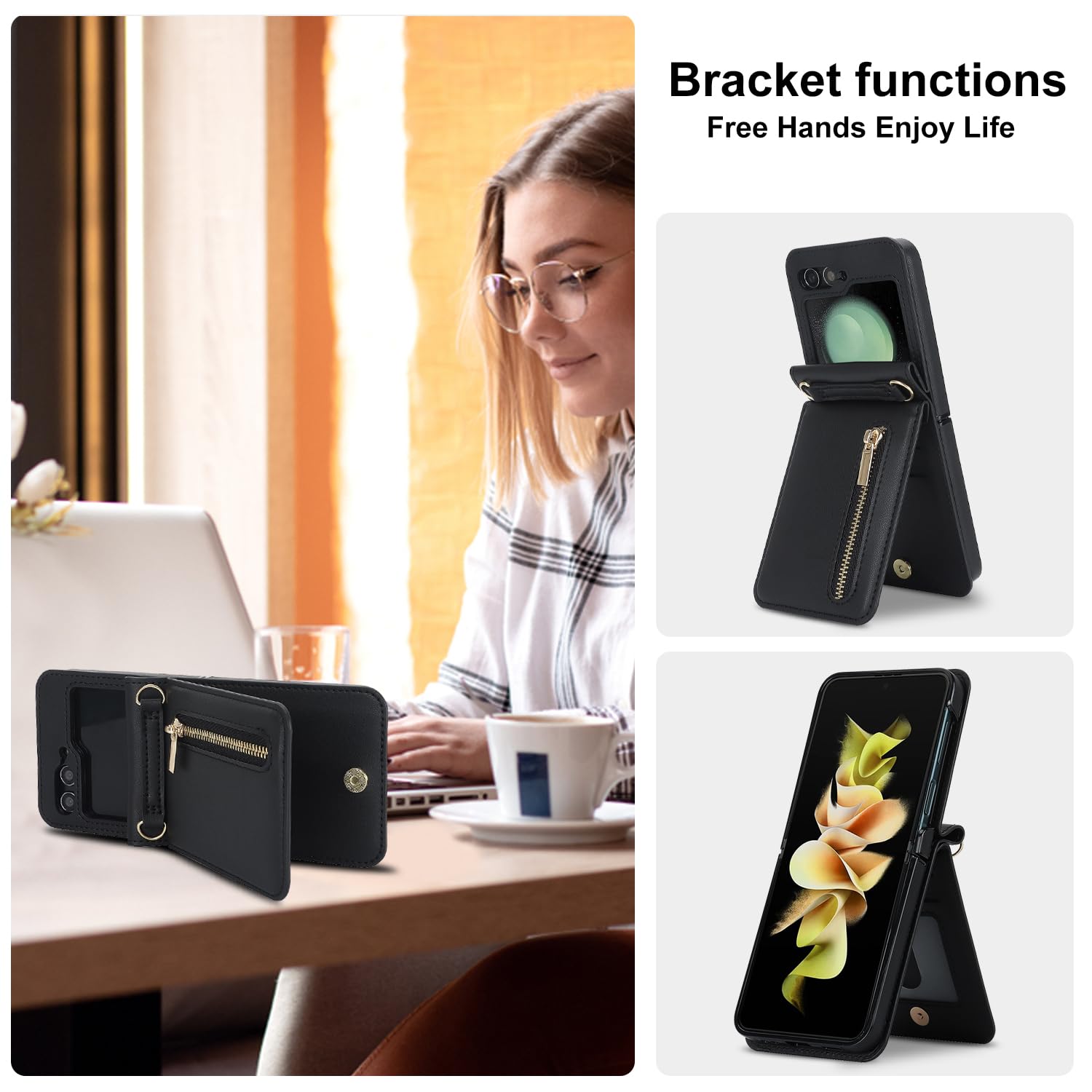 Compatibile con Samsung Galaxy Z Flip 6 Stand, elegante custodia protettiva in pelle, portafoglio con chiusura lampo, scomparto per carte di credito, scomparto per banconote, custodia con