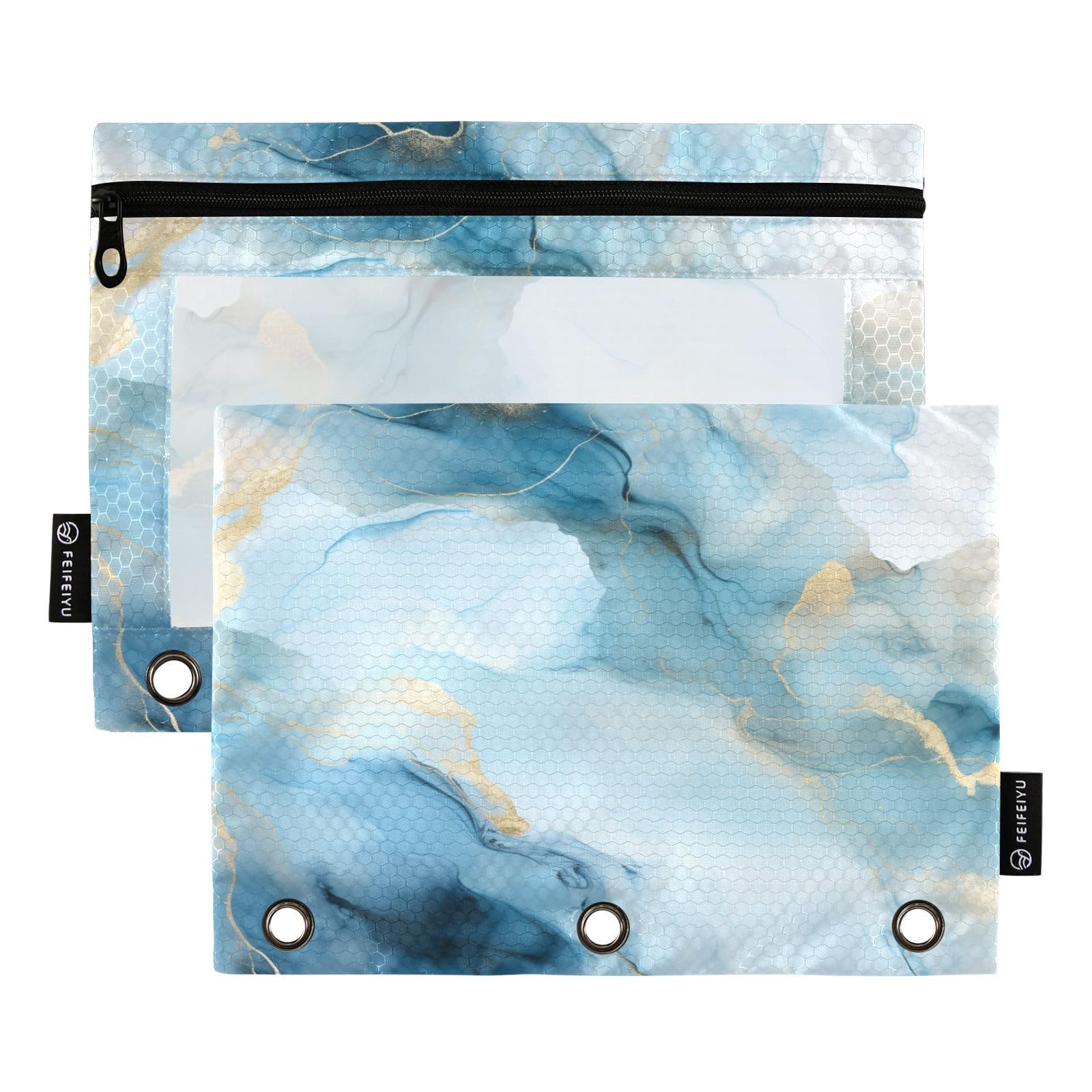 Mnsruu Blue Marble Pencil Pouch for 3 Ring Binder, 2 PCS Binder Pencil Pouch with Zipper, Clear Window Zipper Pencil Case Pencil Bags for Office Supplies