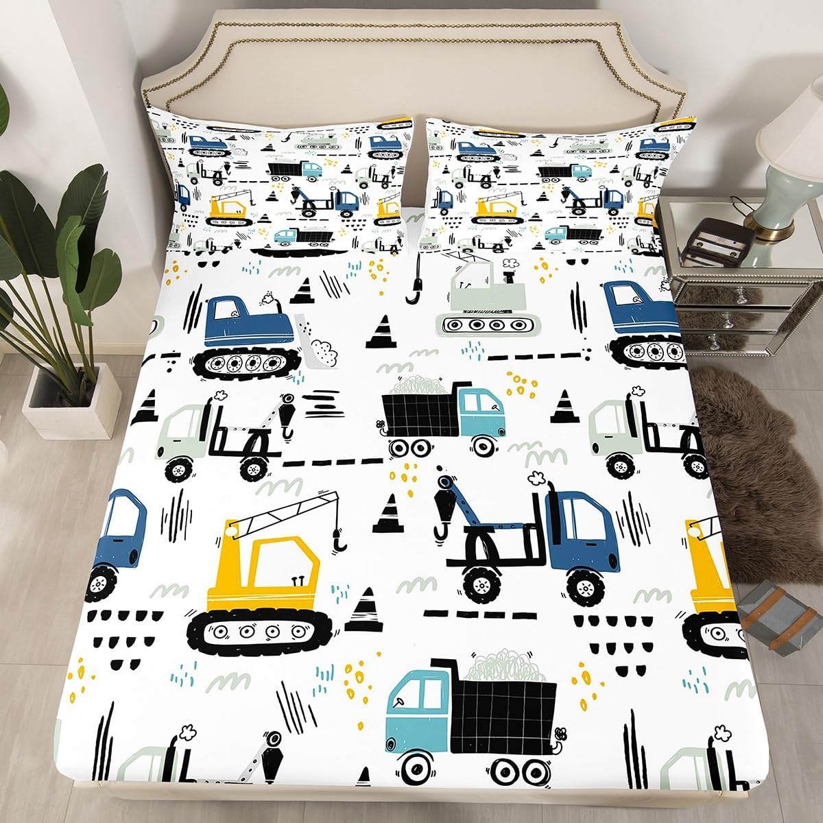 Construction Truck Bed Sheets Full,Cartoon Tractor Fitted Sheet Excavator Bed Set,Cute Vehicle Toddler Bedding Set Kawaii Room Decor,Teal Blue