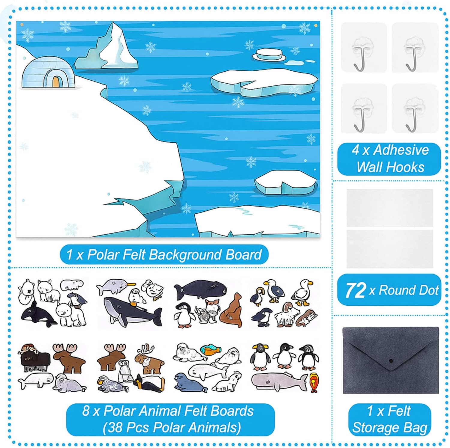 Sotiff 46 Pcs Polar Animals Felt Board Story Set 41 x 30 Inch Arctic Ocean Animal Bear Penguin Felt Board with Document Bag for Activities Interactive Kit