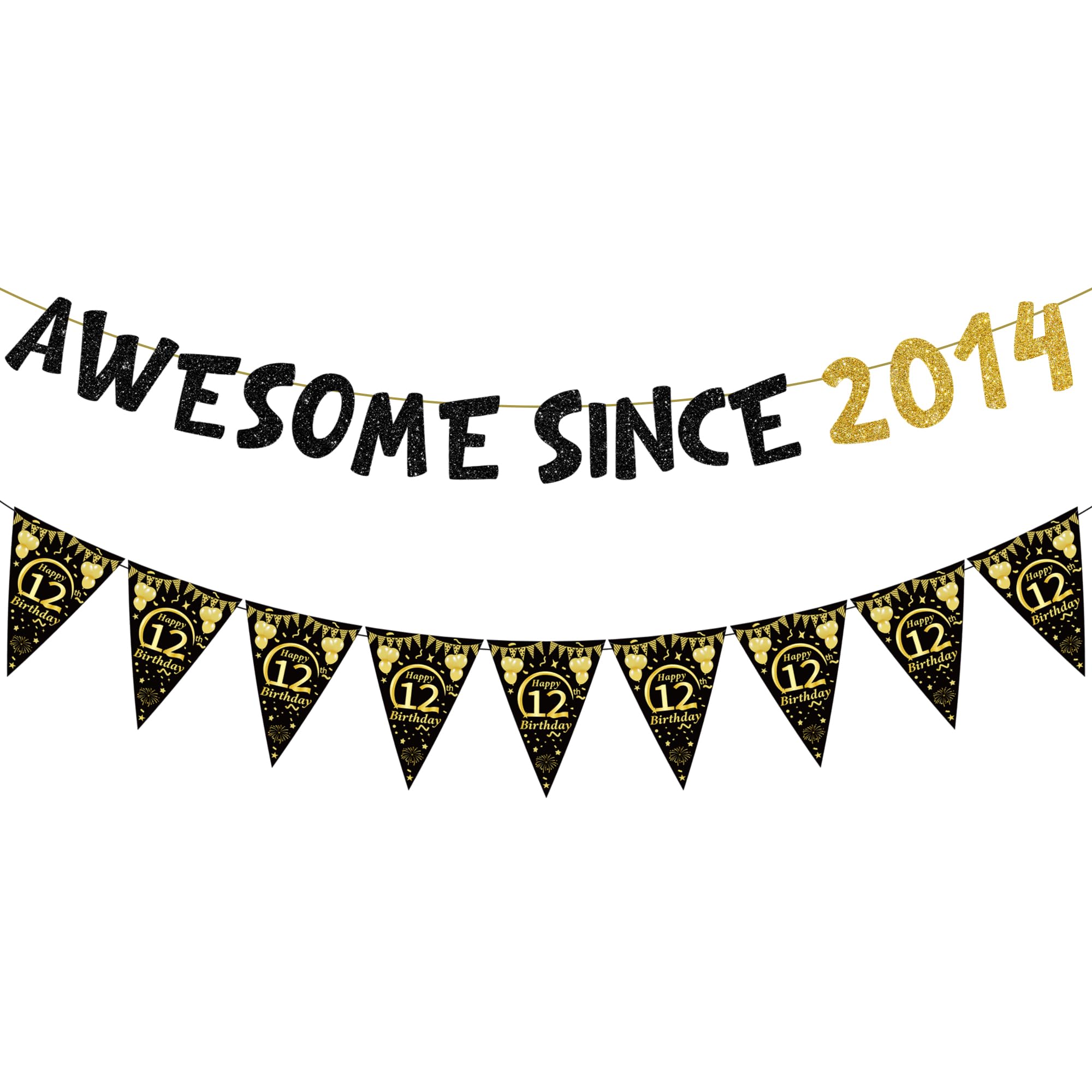 12th Birthday Banners Decorations - 2 Pcs Black Gold Pre-strung Awesome Since 2014 Sparkling Banner Happy 12th Birthday Triangular Flag for Boys 12 Year Old Party Decoration Supplies Photo Background