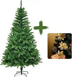 Árvore de Natal Tradicional, 2,10m, 1150 Galhos, com Flores Douradas Decorativas