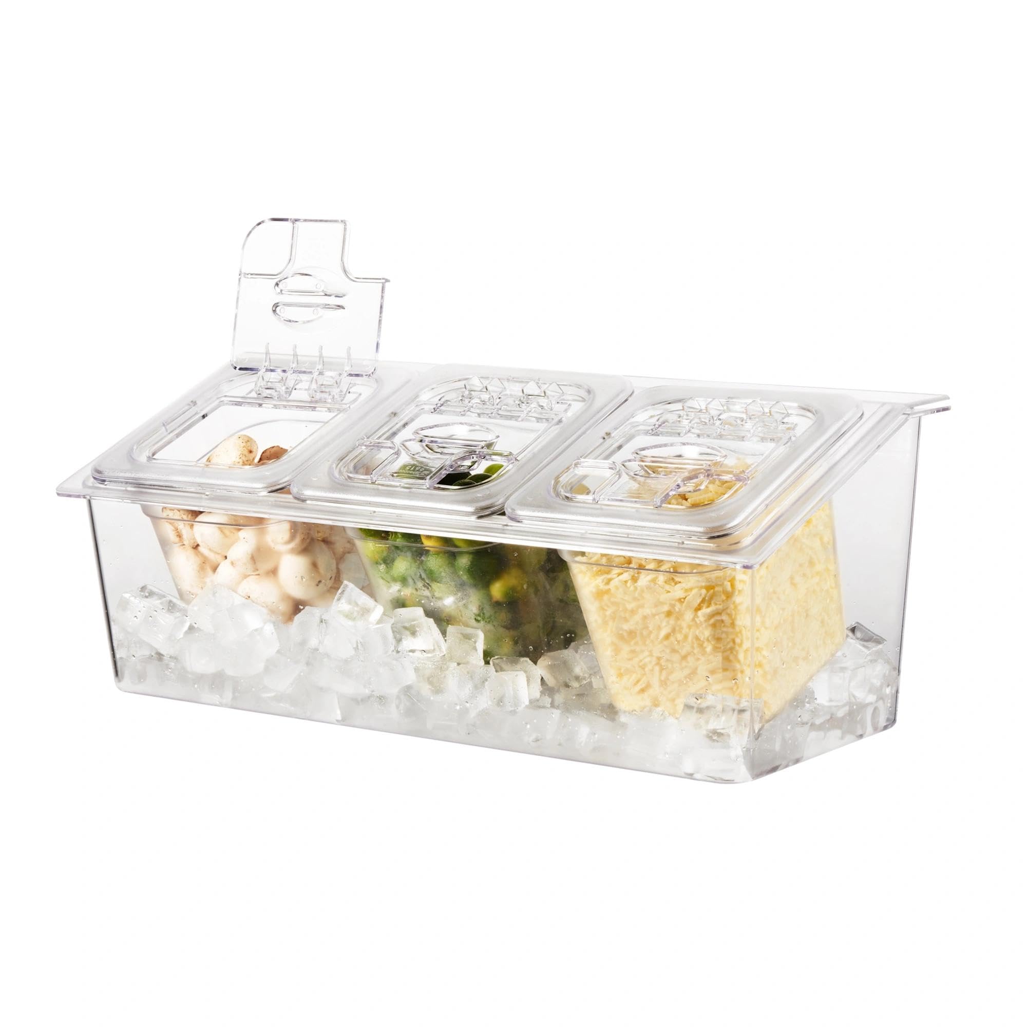 CURTA Contenedor de condimentos enfriado por hielo con 3 recipientes grandes cada uno con capacidad de 9.6 tazas, policarbonato, listado NSF, sartén y tapa de 6 pulgadas 1/6, soporte de encimera para