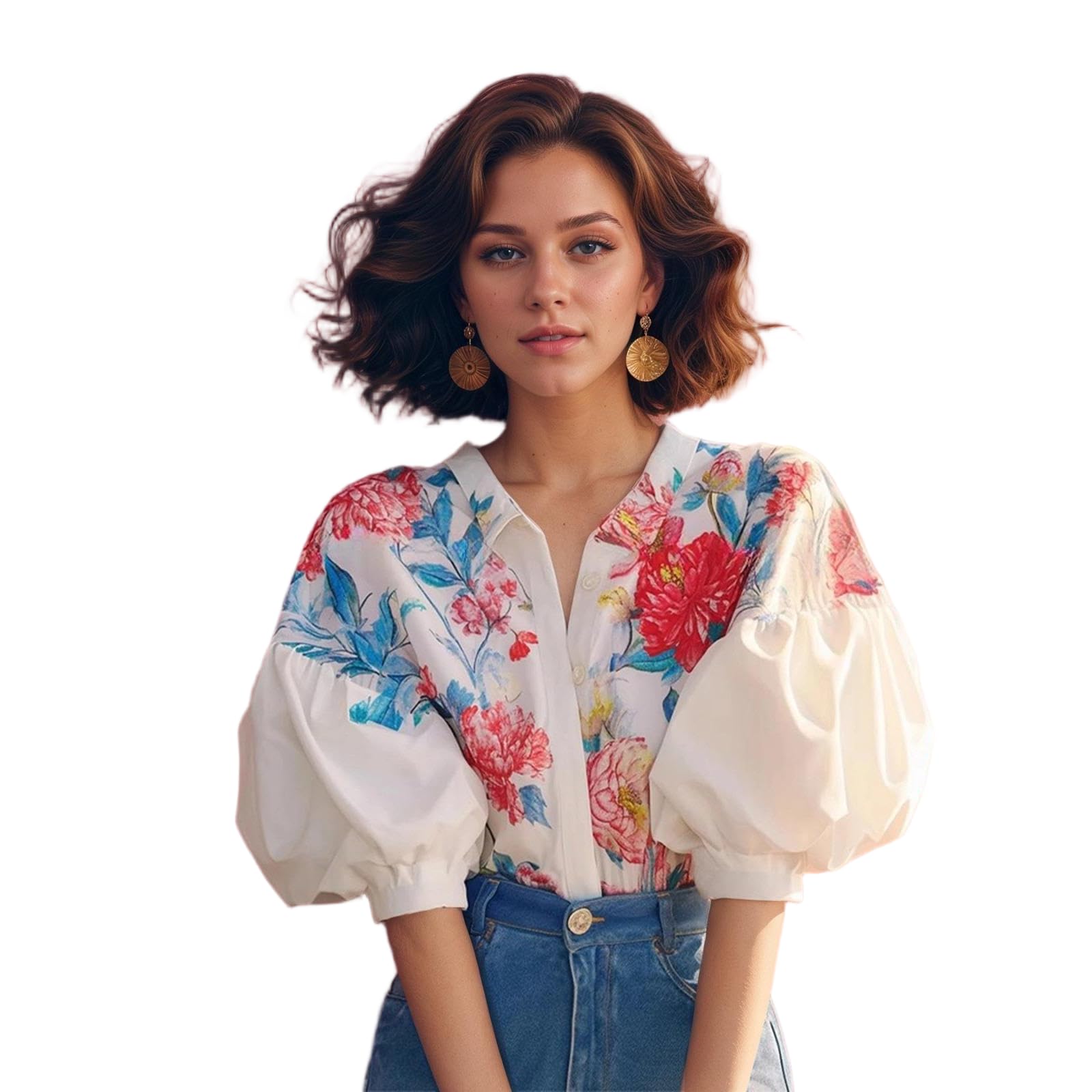 JCVBN - Camicia da donna vintage con maniche a sbuffo floreale, estiva, con colletto e maniche a sbuffo, stampa floreale, bottoni, colletto, vestibilità comoda, estate, poliestere