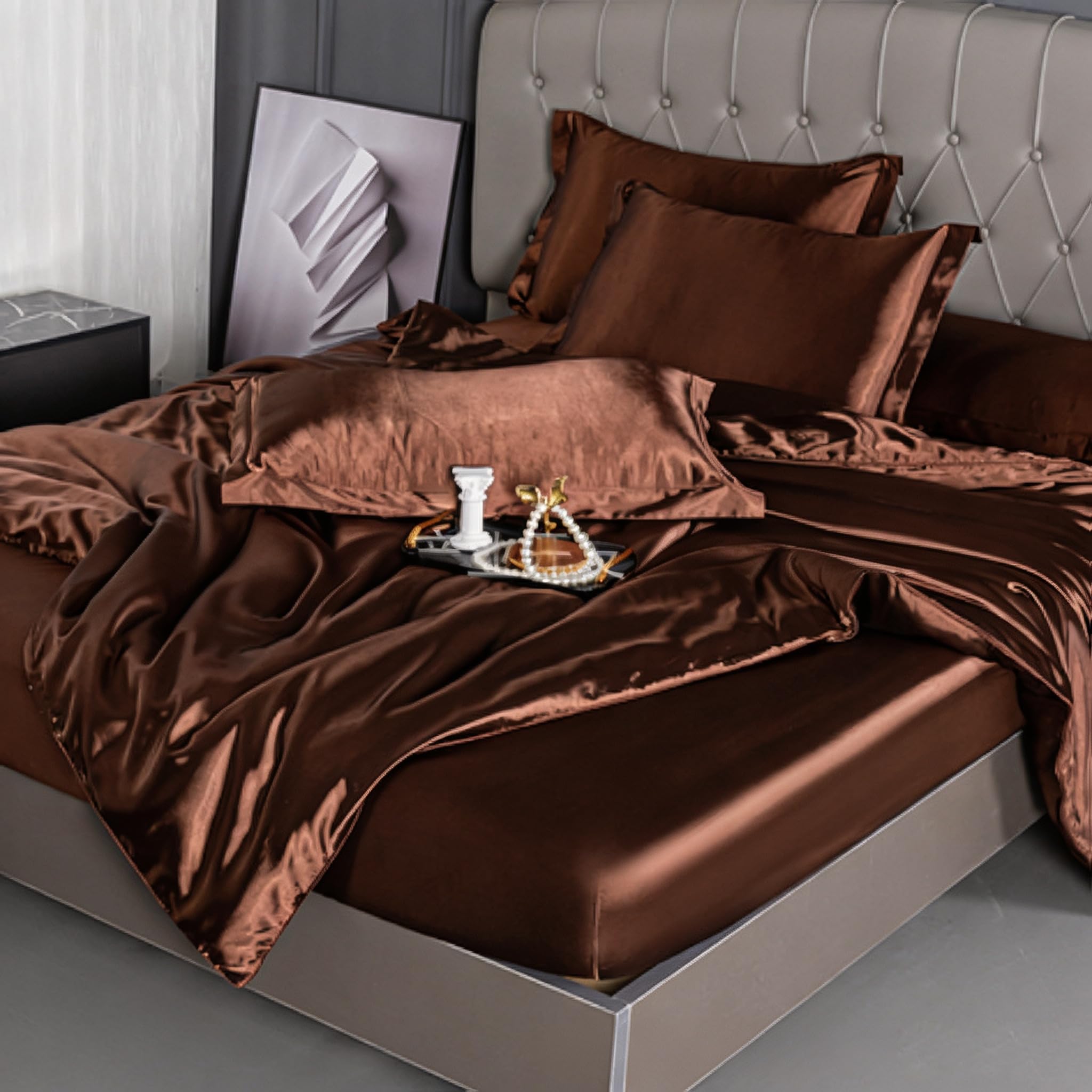 Set copripiumino per letto matrimoniale, 3 pezzi, tessuto satinato liscio e setoso, include 1 copripiumino, 1 lenzuolo con angoli e 1 federa, tinta unita
