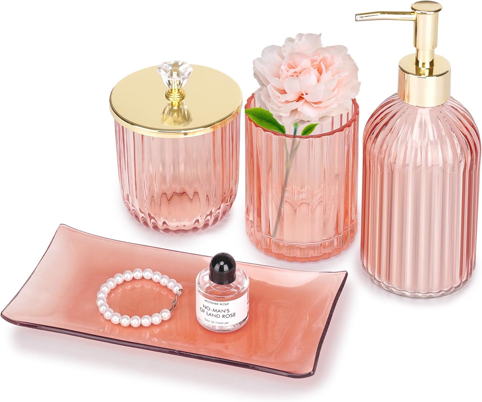 Haturi Pink Bathroom Accessories Set, 4 Pcs Glass Bathroom