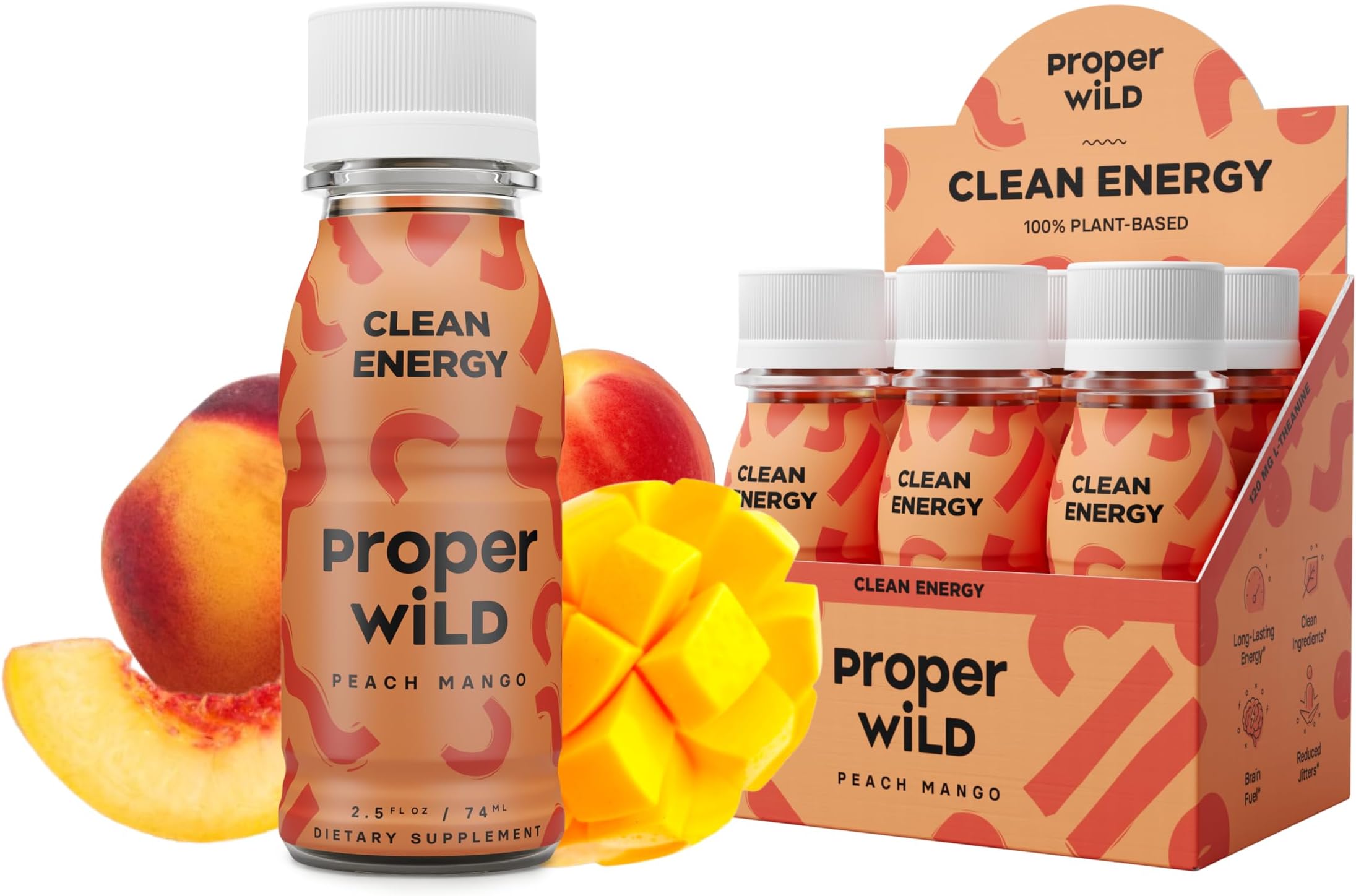 - Proper Wild Vegan Energy Shots, with L-Theanine, and Organic Caffeine, Clean Plant Based Energy Drink, Gluten-Free, GMO-Free, Dairy-Free, Stevia-Free, Soy-Free, Peach Mango, 2.5 Fl Oz, 6 Pack