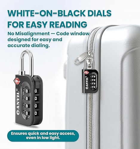 Miniatura 7 de Anvil - Candado de equipaje aprobado por la TSA, candados de combinación de 4 dígitos con grillete de acero endurecido, cerraduras de viaje