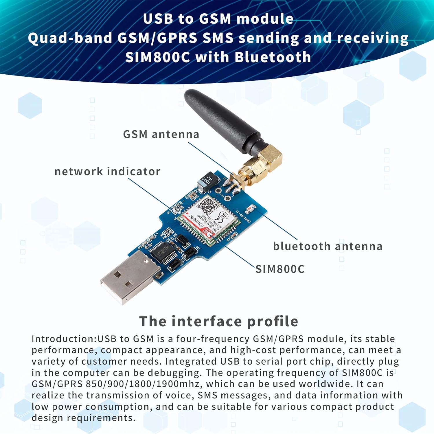 Diagram showing components of the SIM800C USB to GSM module: GSM antenna, network indicator, Bluetooth antenna, and SIM800C chip.