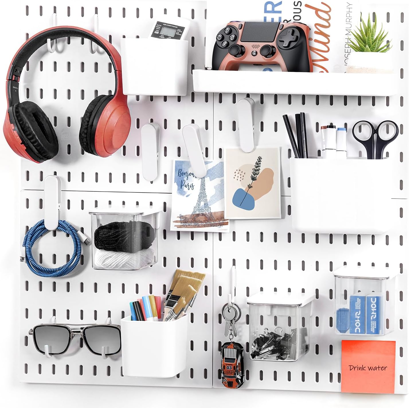 - ABOUT SPACE 20 pcs Peg Board - 4 Pegboard Wall Organizer with 16 Accessories & Self-Adhesive Stickers for Home Office, Bathroom, Kitchen, Peg Board for Wall Hanging - Metal(White- L 28 x H 28 cm)