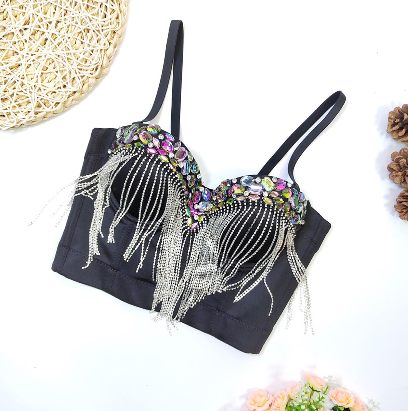 Top Corto Bustier In Corsetto Sexy per Donne con Perline e Strass, con Spalline Regolabili