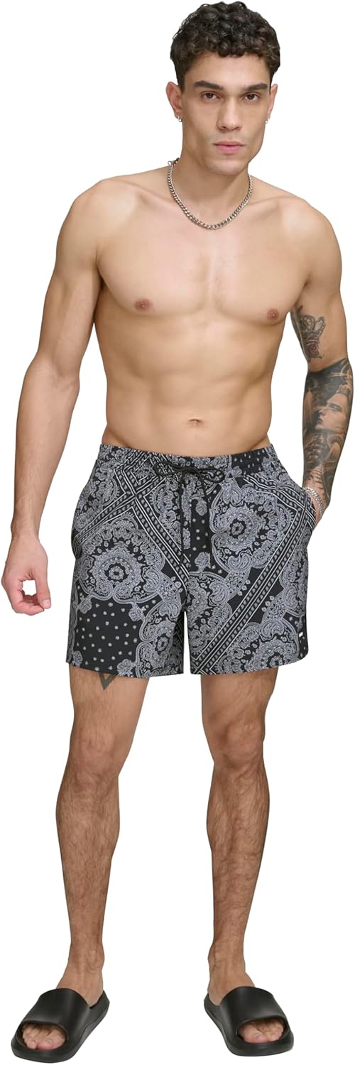 DKNY Mens Stretch Quick Dry Volley UPF 40+ Protection Swim Trunk