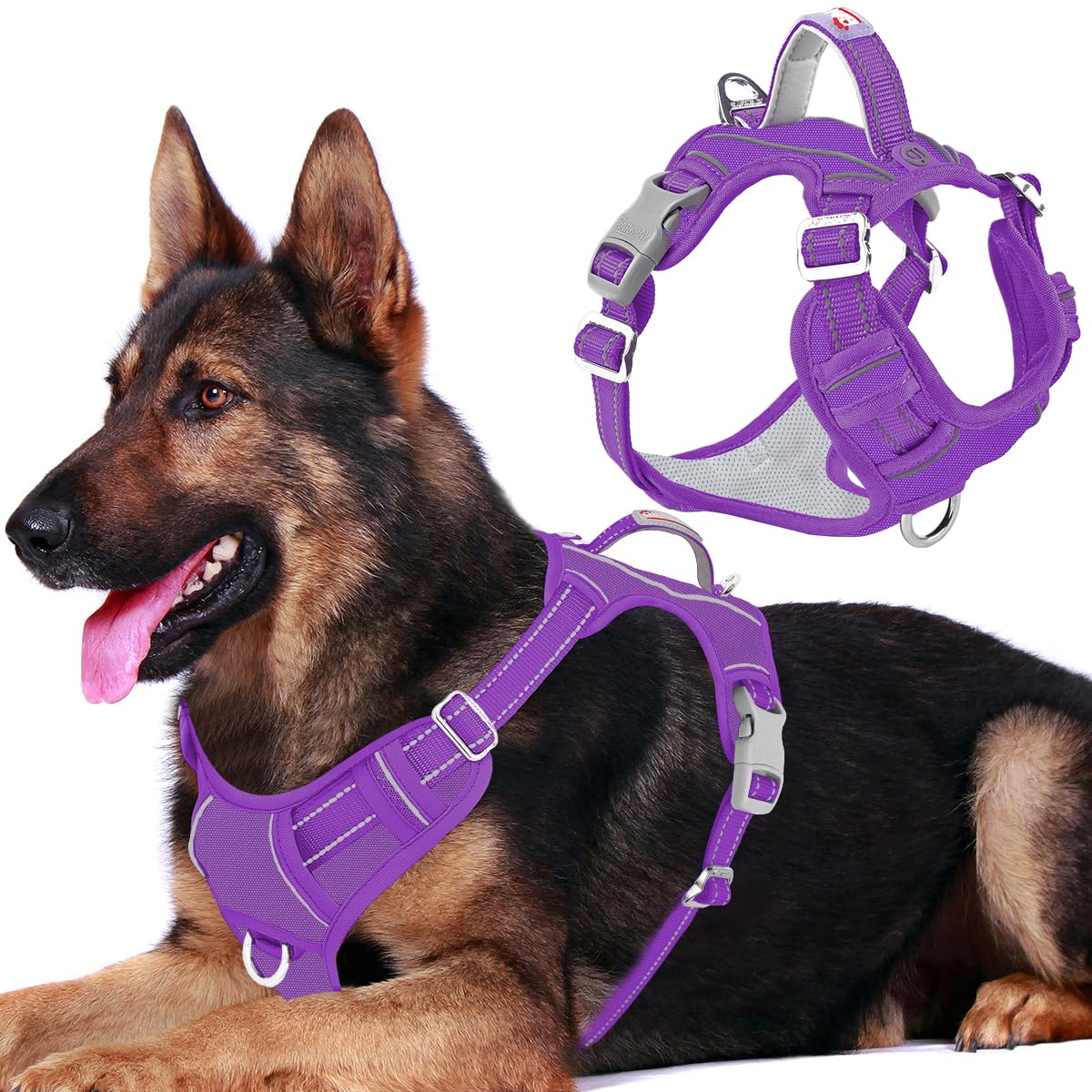 BARKBAY Dog Harness No Pull Oxford with ID Tag Pocket - Heavy Duty, Reflective, Easy Control for Large Dogs(Purple Oxford,XL)