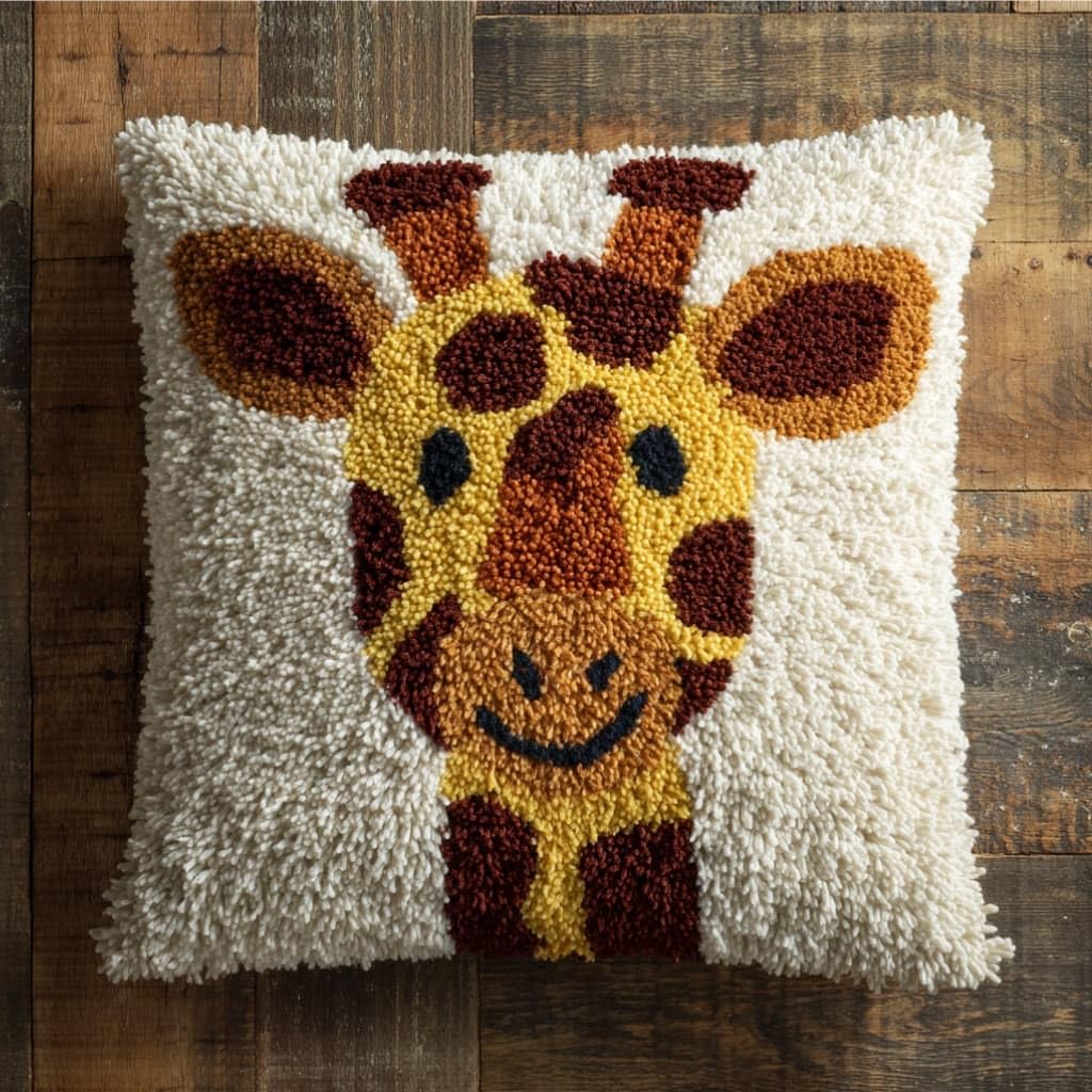 kitphoenix Latch Hook Kit Cushion Giraffe 43X43Cm Handmade Knitted Cushion Material Package,Beginner Friendly DIY Craft Set,Home Decor Pillow