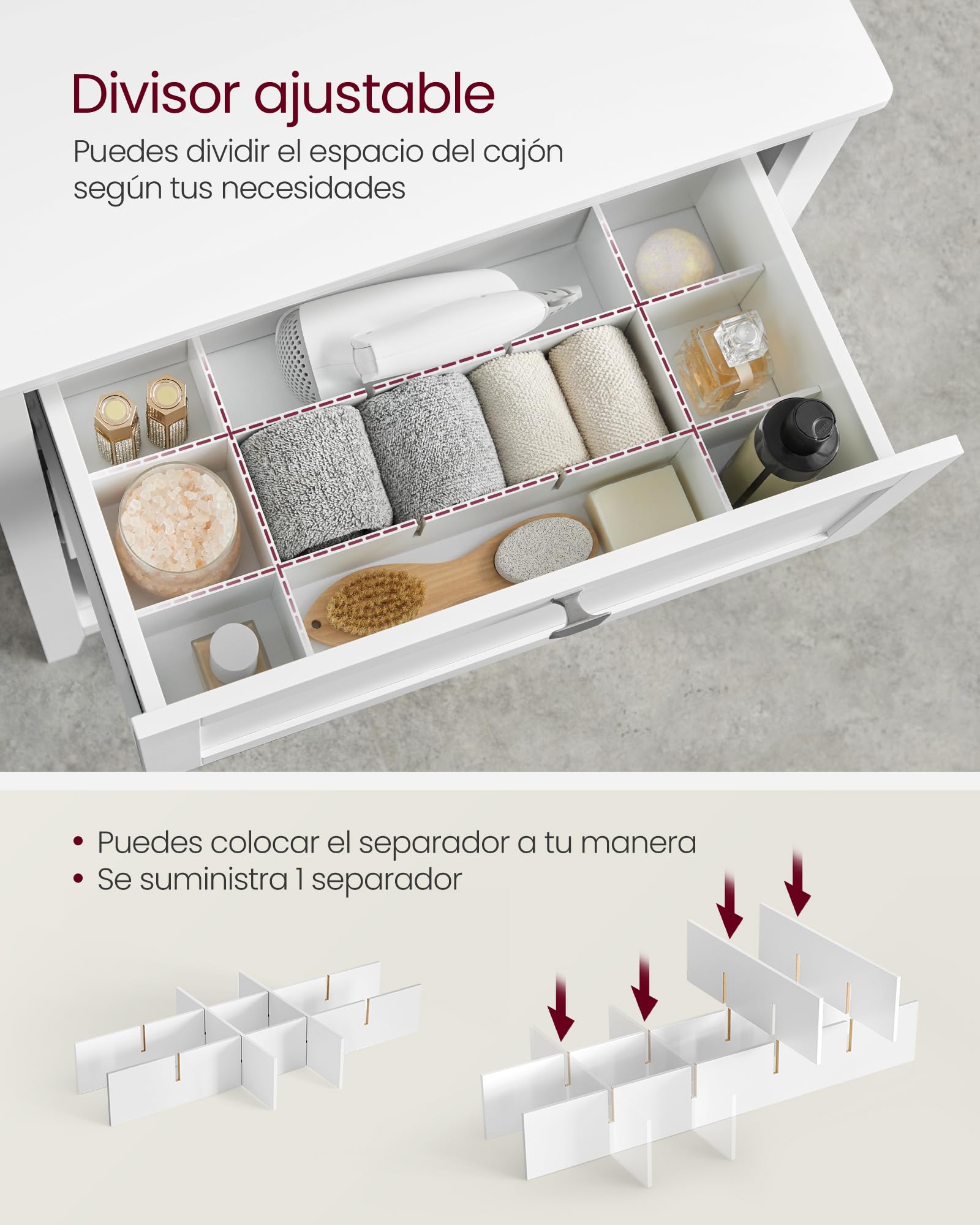 VASAGLE Mueble de Baño, Armario de Baño, 2 Cajones con un Juego de Divisor Regulable, 2 Cestas, Aparador, 30 x 60 x 80 cm, Blanco Nube BBC545W02