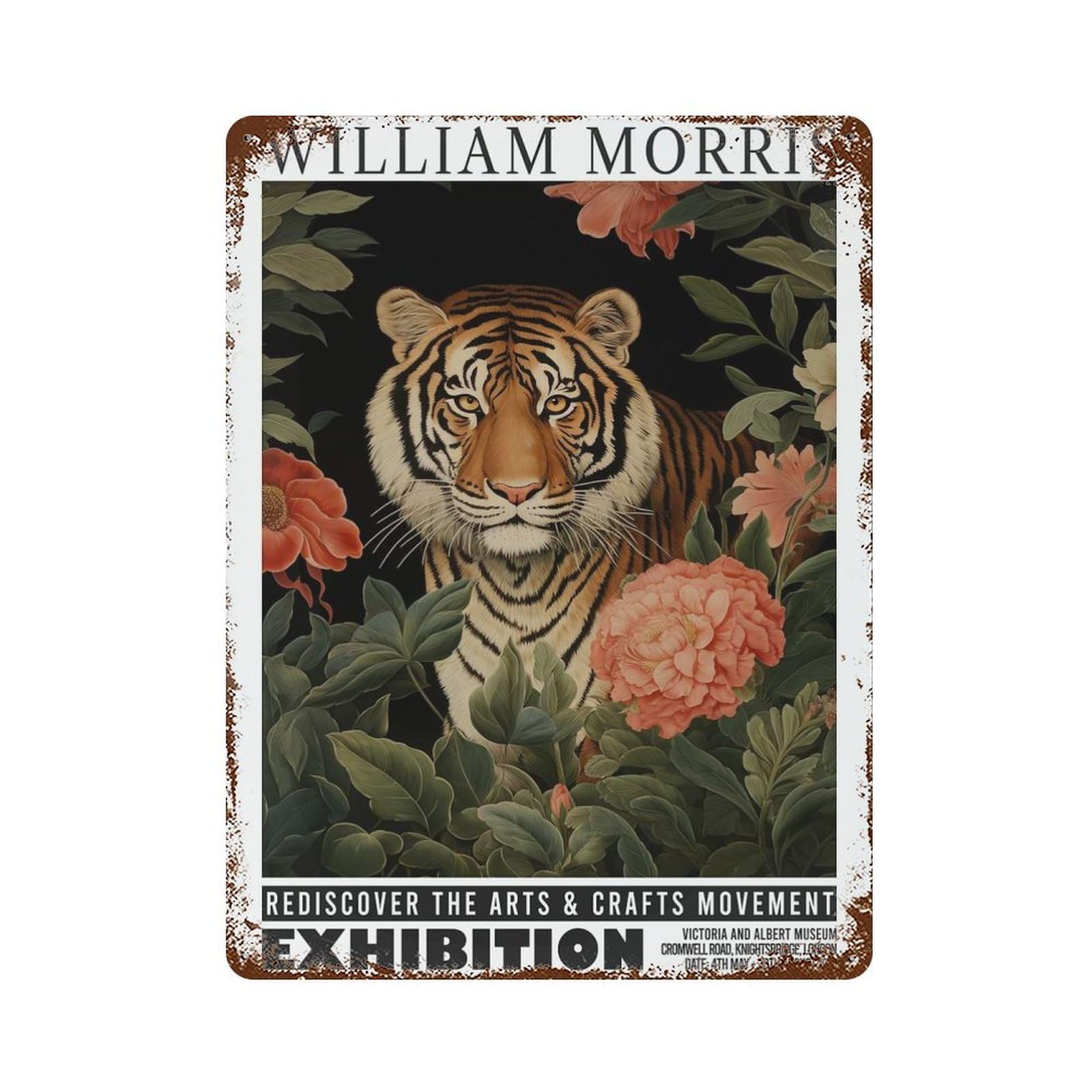 Rust Effect Morris Floral Tiger Exhibition Rusty Metal Tin Sign 15.7"x11.8", Farmhouse Wall Decor for Cafe, Home Bar And Lounge Decor