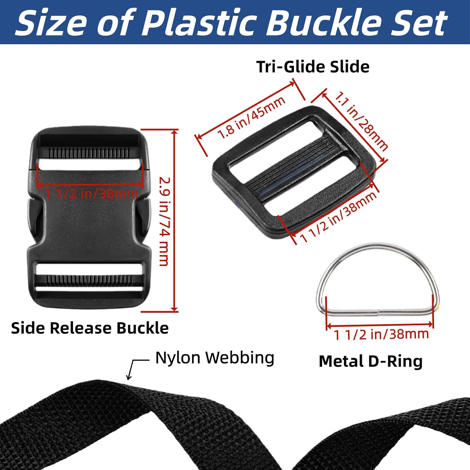 Heavy-Duty Buckle and Strap Set 1 1/2“: 12 Yards of Thick Nylon Webbing, 12-Pack Adjustable Quick Side Release Plastic Buckles, 24 Tri-Glide slide Clips, 12 Metal D-rings, Black (1 1/2” Combo kit)