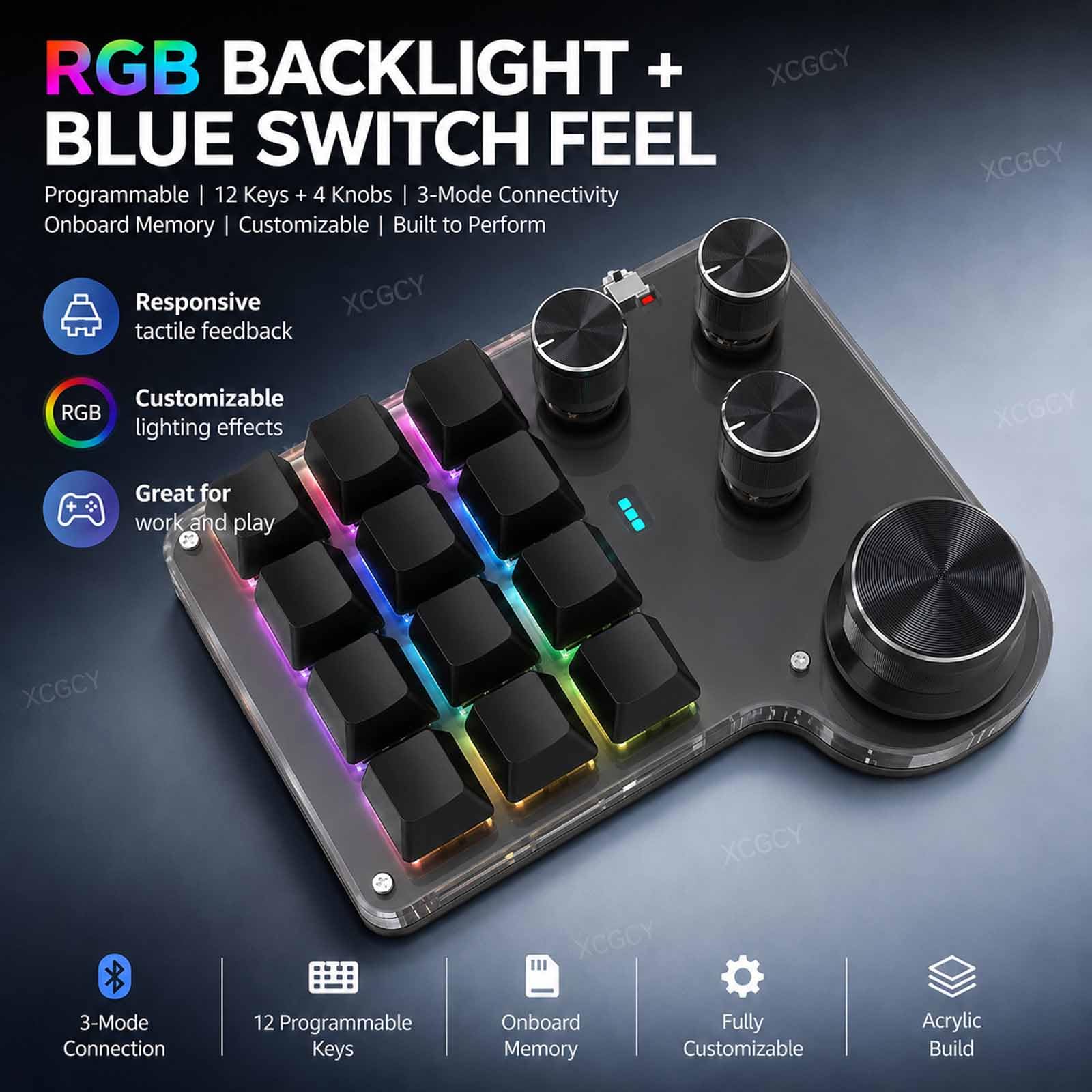 Mini Tastiera Meccanica Da Gioco Macro, Tastierino Meccanico Industriale Personalizzabile, 12 Tasti, 4 Manopole, RGB, Memoria Per Gaming, Editing E Ufficio
