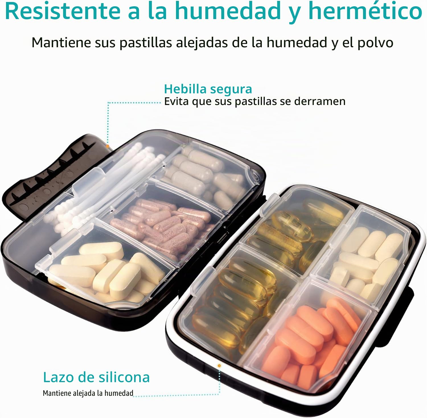 Fullicon Organizador de píldoras de viaje organizador de medicamentos portátil grande 8 compartimentos caja de pastillas estuche de viaje con vitaminas soporte hermético y a prueba de humedad (negro)