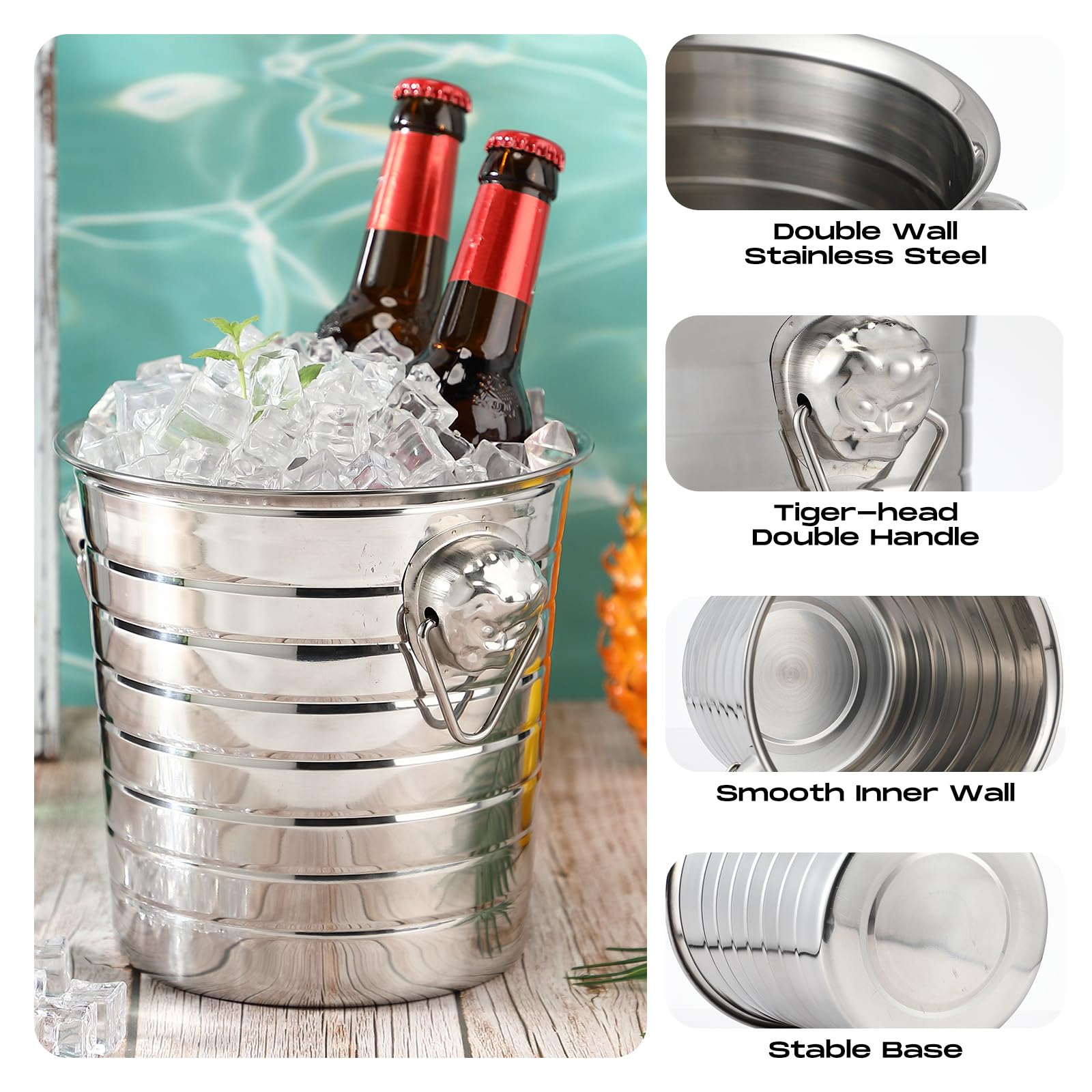 Pinkunn 6 Stück Edelstahl Champagnereimer 3 Qt Metall Eiskübel Doppelwand Weineimer mit Griffen Party Getränkekühler für Champagner Bier Cocktail Wein Getränke Home Bar Zubehör (Silber)