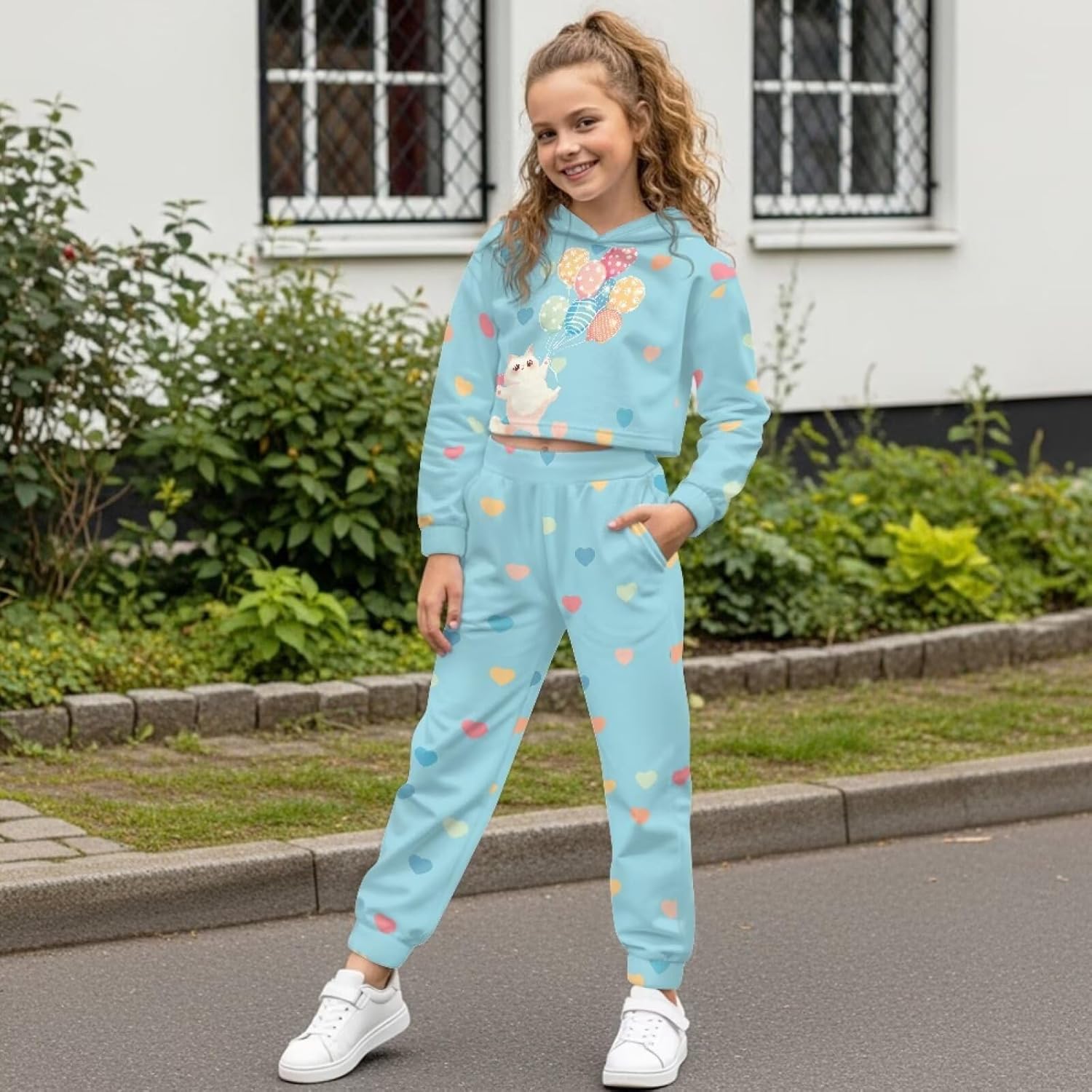2 Piece Track Suit for Girls Long Sleeve Hooded Sweatshirt & Jogger Pants Short Tops Sports Sweatsuit Aged 4-13