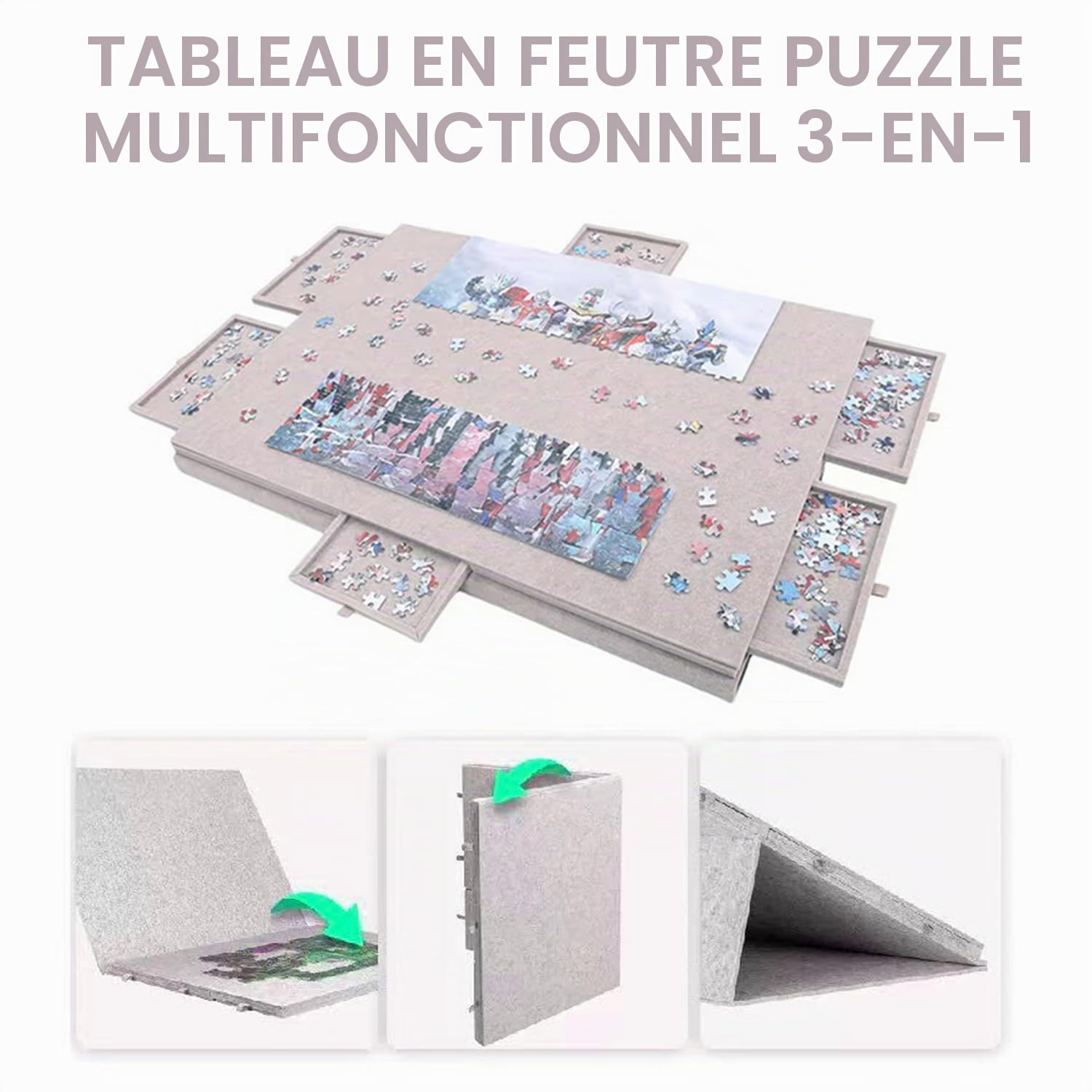 Table Puzzle 1000 Pièces,Support Pour Puzzle,Planche à Puzzle Inclinable Avec Support Et Couvercle 2 En 1,Avec 6 Tiroirs De Classification,Surface Antidérapante,Plaque De Recouvrement Pliable(Kaki)
