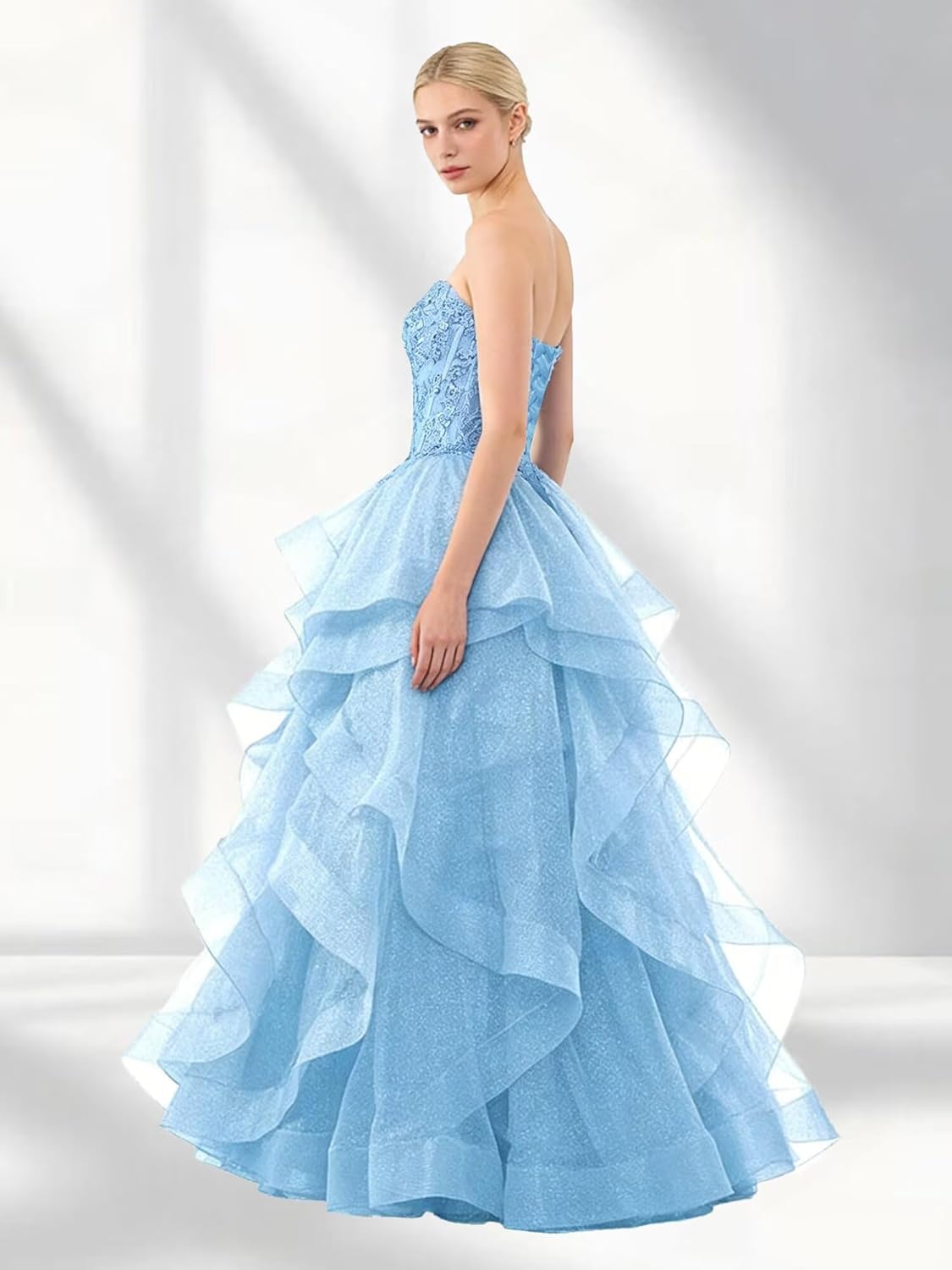 Glitter Tulle Prom Dresses Tiered Strapless Lace Ball Gown Ruffle Long Formal Party Gowns