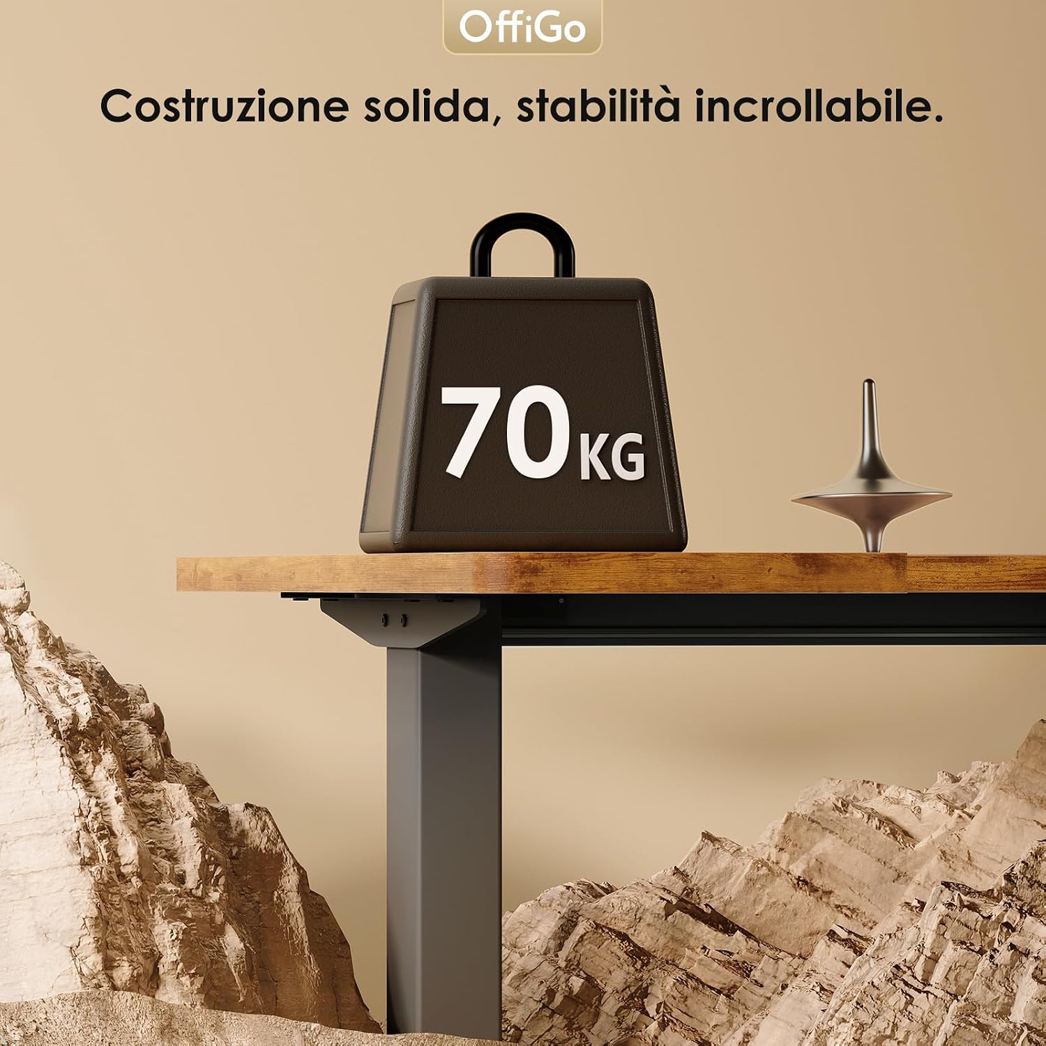 Image showing a 70kg weight on the desk, illustrating its stability and load capacity.
