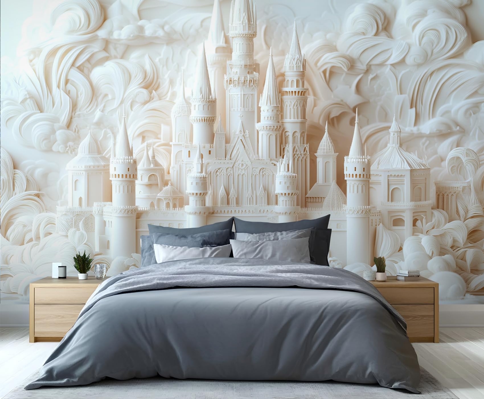 GIVLWF Castle Wallpaper, 3D Stereoscopic Landscape Peel and Stick Wallpaper for Bedroom, Nordic White Wall Paper for Living Room, Luxury Wall Mural, Minimalism Large Mural & Room Decor