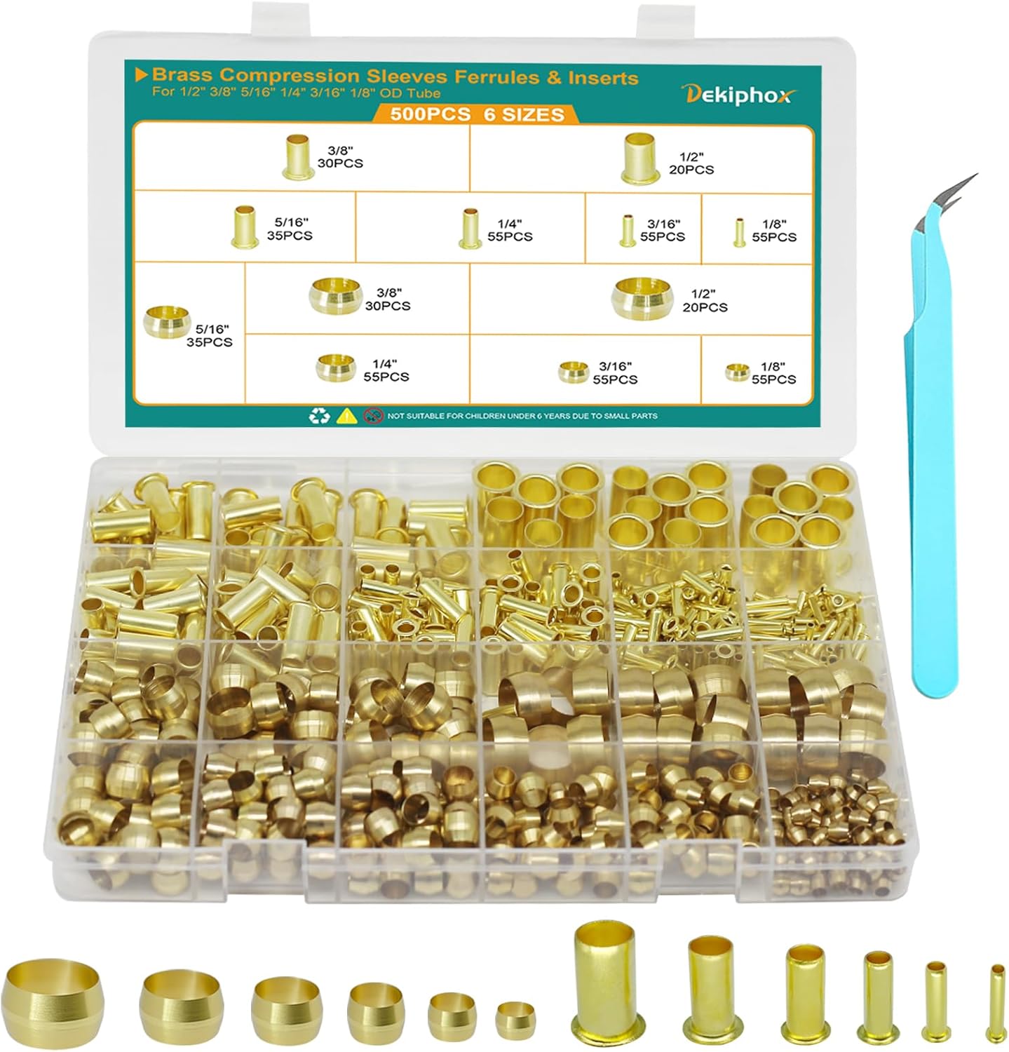 500PCS Brass Compression Sleeves Ferrules Inserts Kit 1/2" 3/8" 5/16" 1/4" 3/16" 1/8" Tube OD, 6 Sizes Air line Fittings Assortment Kit for Air Water Fuel Oil and Inert Gases Line
