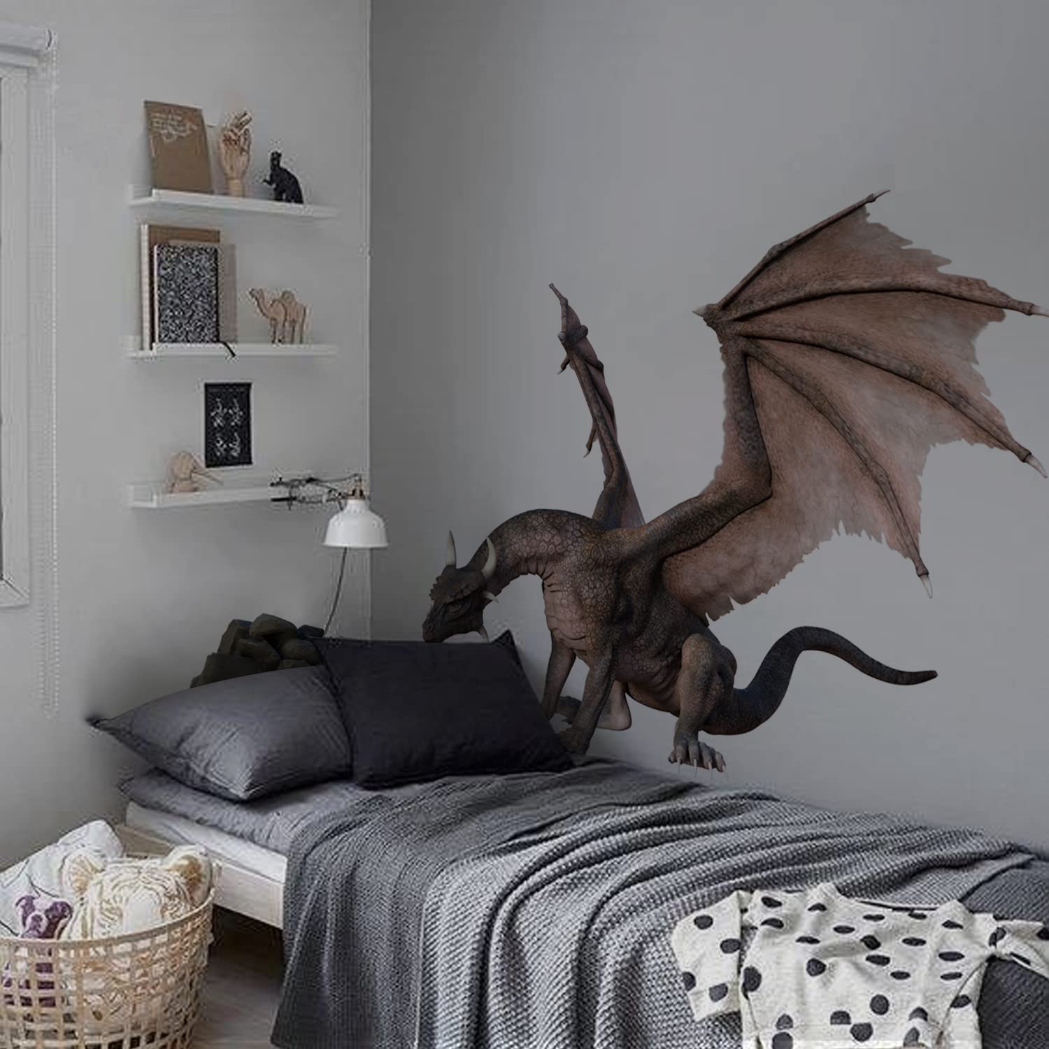 neukidsLeather Effect Textured Vinyl Nursery Huge Grey Dragon,Mound Wall Sticker for Boys and Neutral Gender Peel and Stick Waterproof Kids Wall Decals for Bedroom Kindergarten Living Room, Playroom