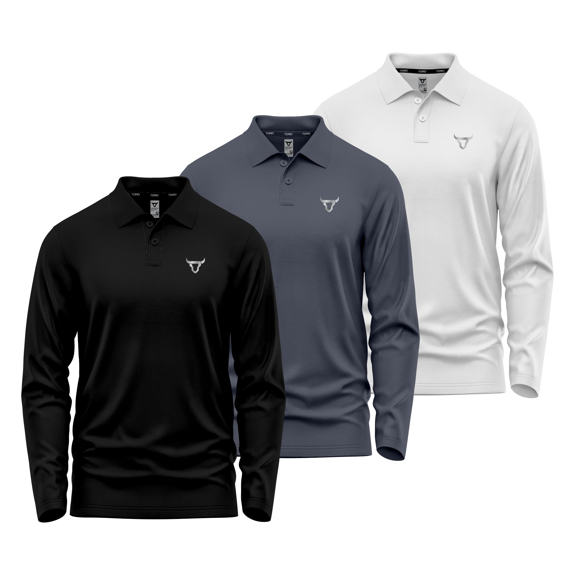 TORO ACTIVA Paquete de 3 camisetas polo para hombre, ajuste regular, uniforme olímpico, casual, ropa de fiesta, multicolor, manga larga, con botones, para adultos