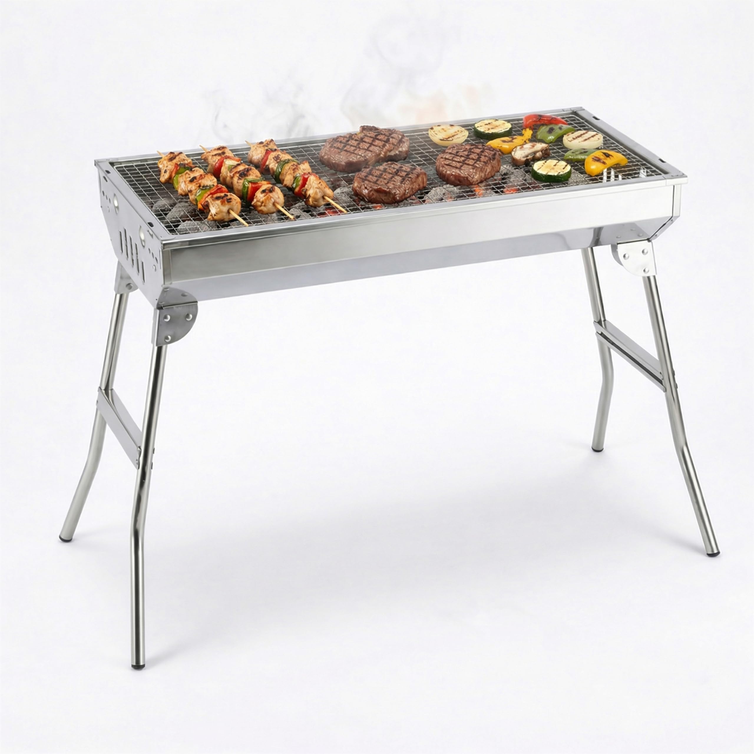 Stainless Steel Portable Charcoal BBQ Grill with Stand, Large Folding Barbecue Grill For Skewers, Burgers & Steaks, Heavy Duty Steel BBQ For Camping, Picnic, Backyard (33x70x73 cm)