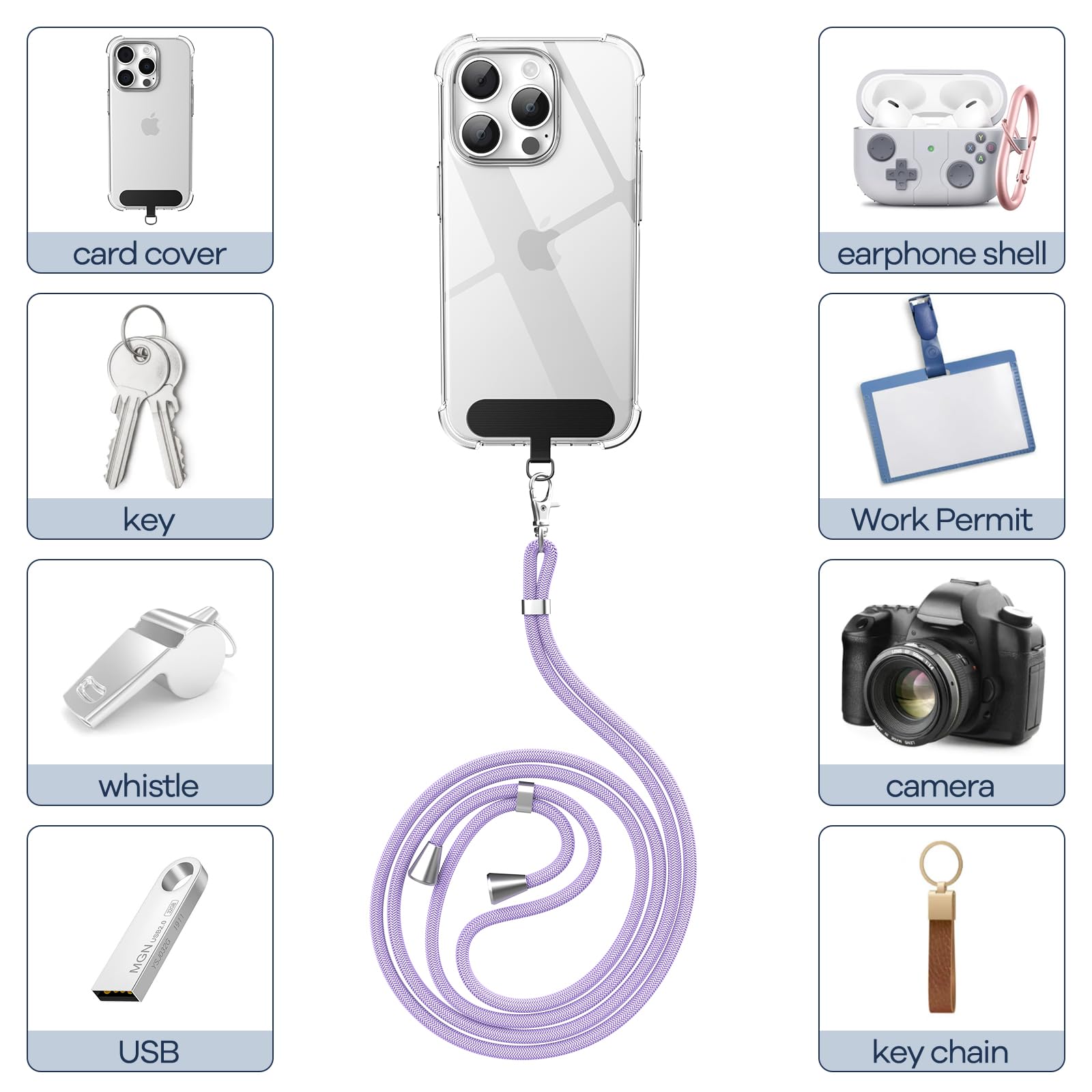 caslord Cordino per Cellulare*1, Patch Universali*2, Adatto a Tutti Gli Smartphone, Cinturino per Cellulare Abbinabile a Qualsiasi Custodia, Regolabile e Rimovibile -Viola chiaro