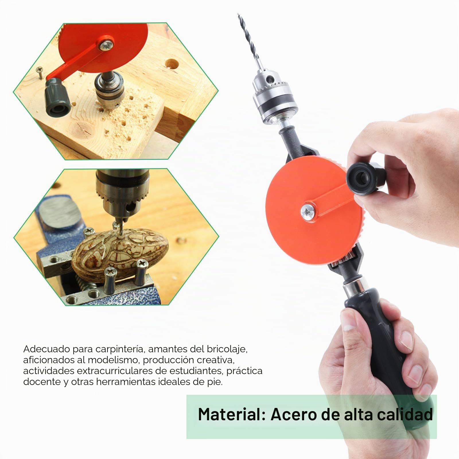 HSEAMALL Taladro manual - manivela manual, capacidad de 1,5 a 10 mm, portabrocas de piñón doble, para madera, plástico, acrílico, perforación de placa de circuito